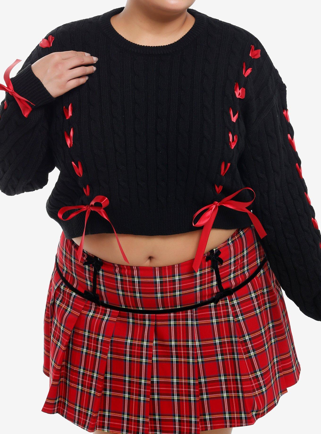 Social Collision Black Cable Knit Red Ribbon Crop Girls Sweater Plus Size, , hi-res