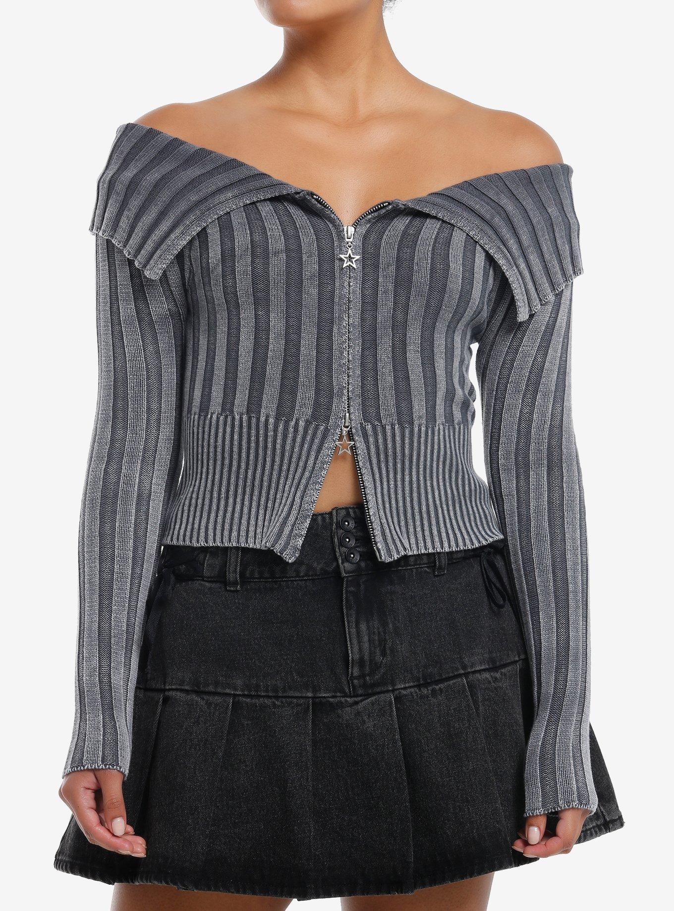 Social Collision Grey Washed Off-Shoulder Girls Zip Cardigan, , hi-res