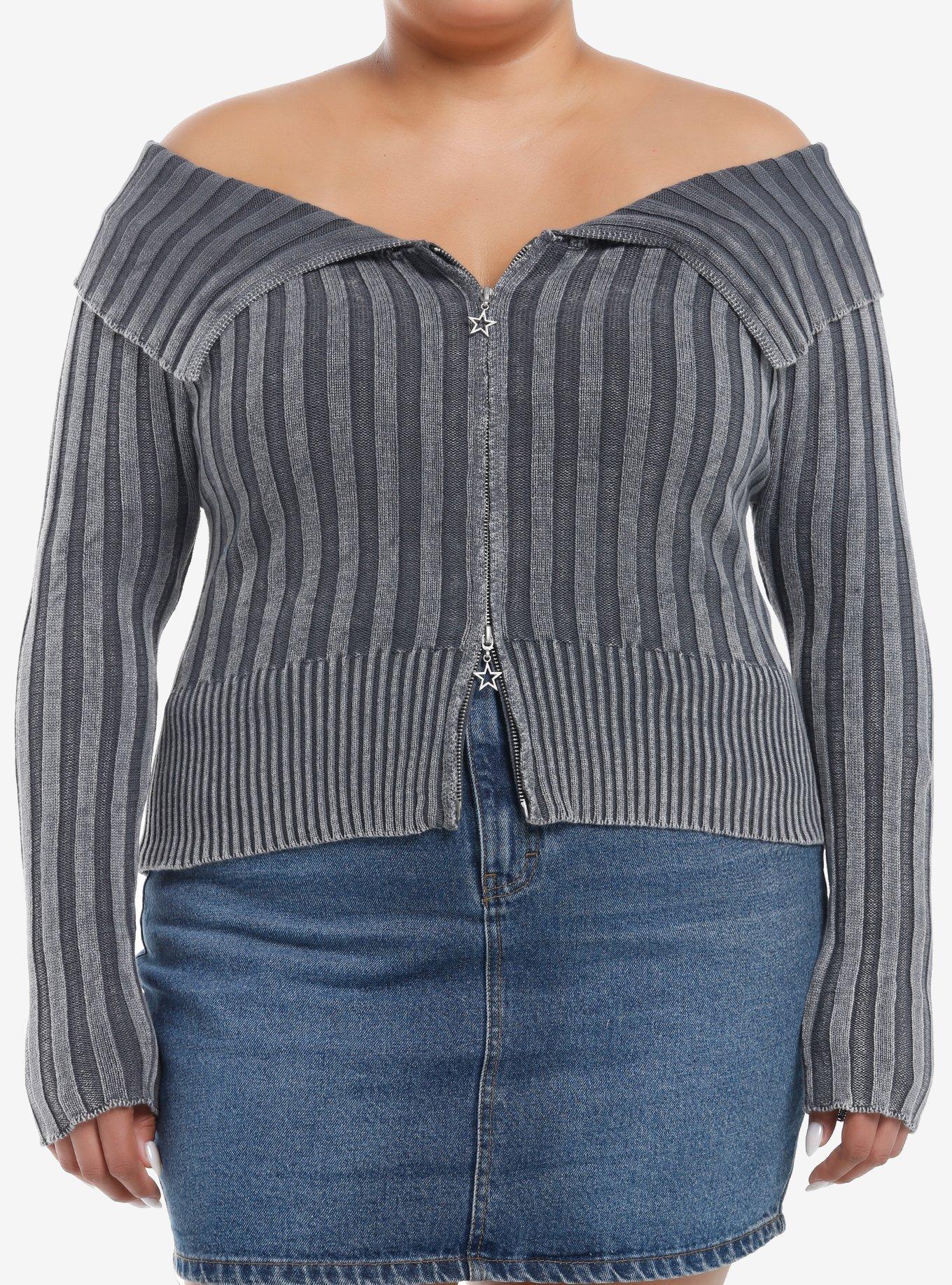 Social Collision Grey Washed Off-Shoulder Girls Zip Cardigan Plus Size, , hi-res