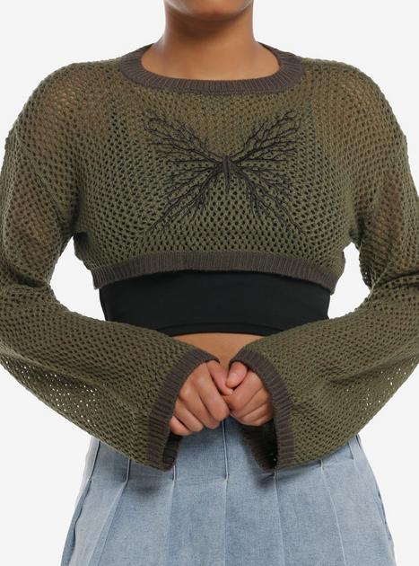 Thorn & Fable Tree Butterfly Knit Girls Crop Sweater | Hot Topic