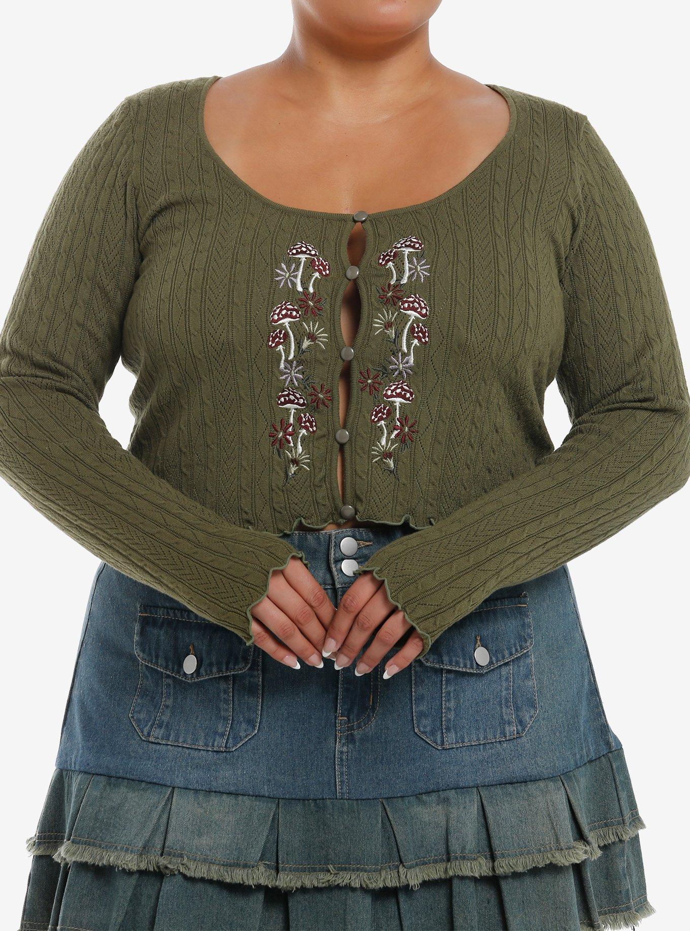 Thorn & Fable Olive Mushroom Girls Crop Cardigan Plus Size