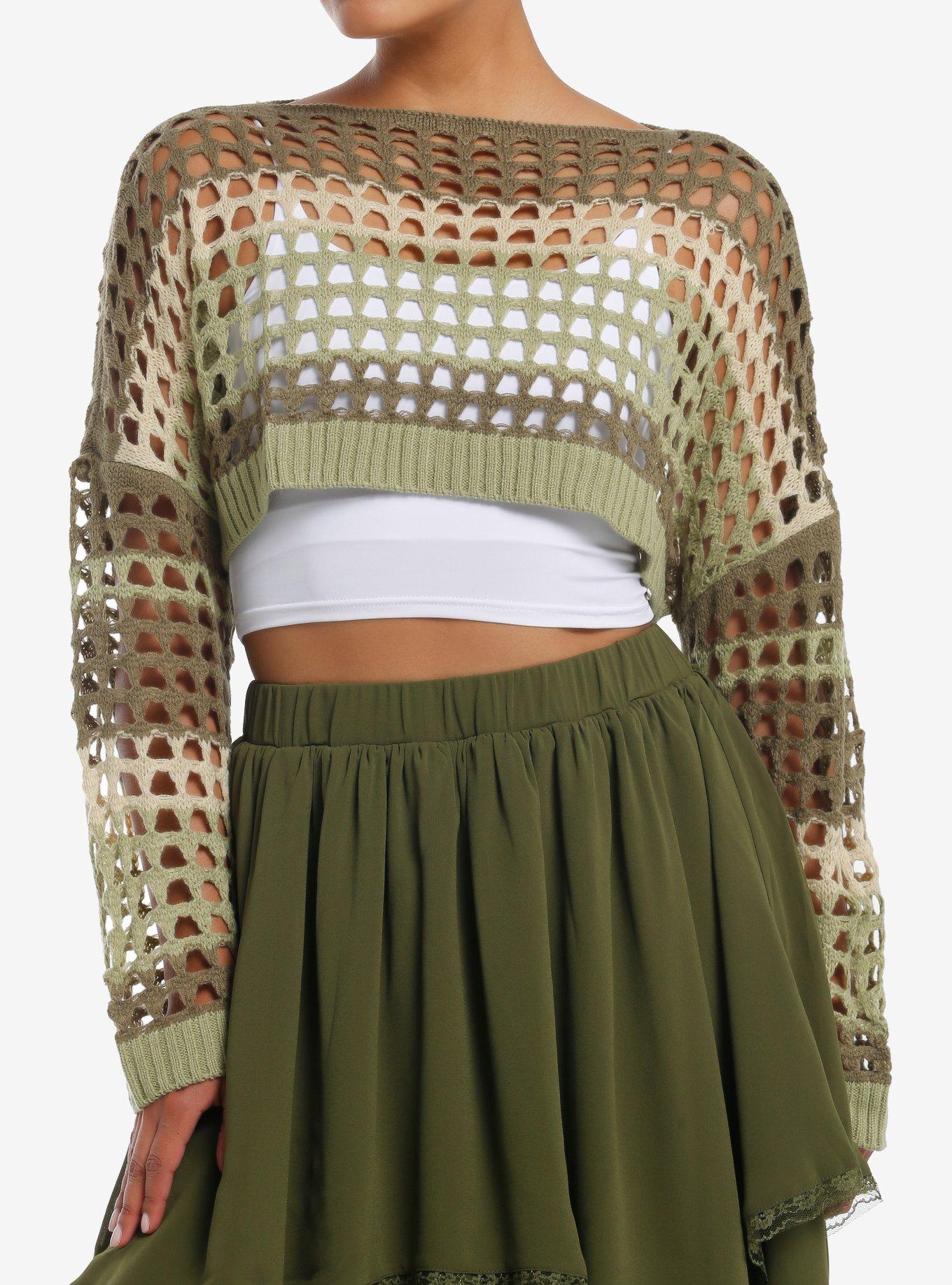 Thorn & Fable Green & Cream Stripe Open Knit Bolero Girls Crop Shrug, , hi-res