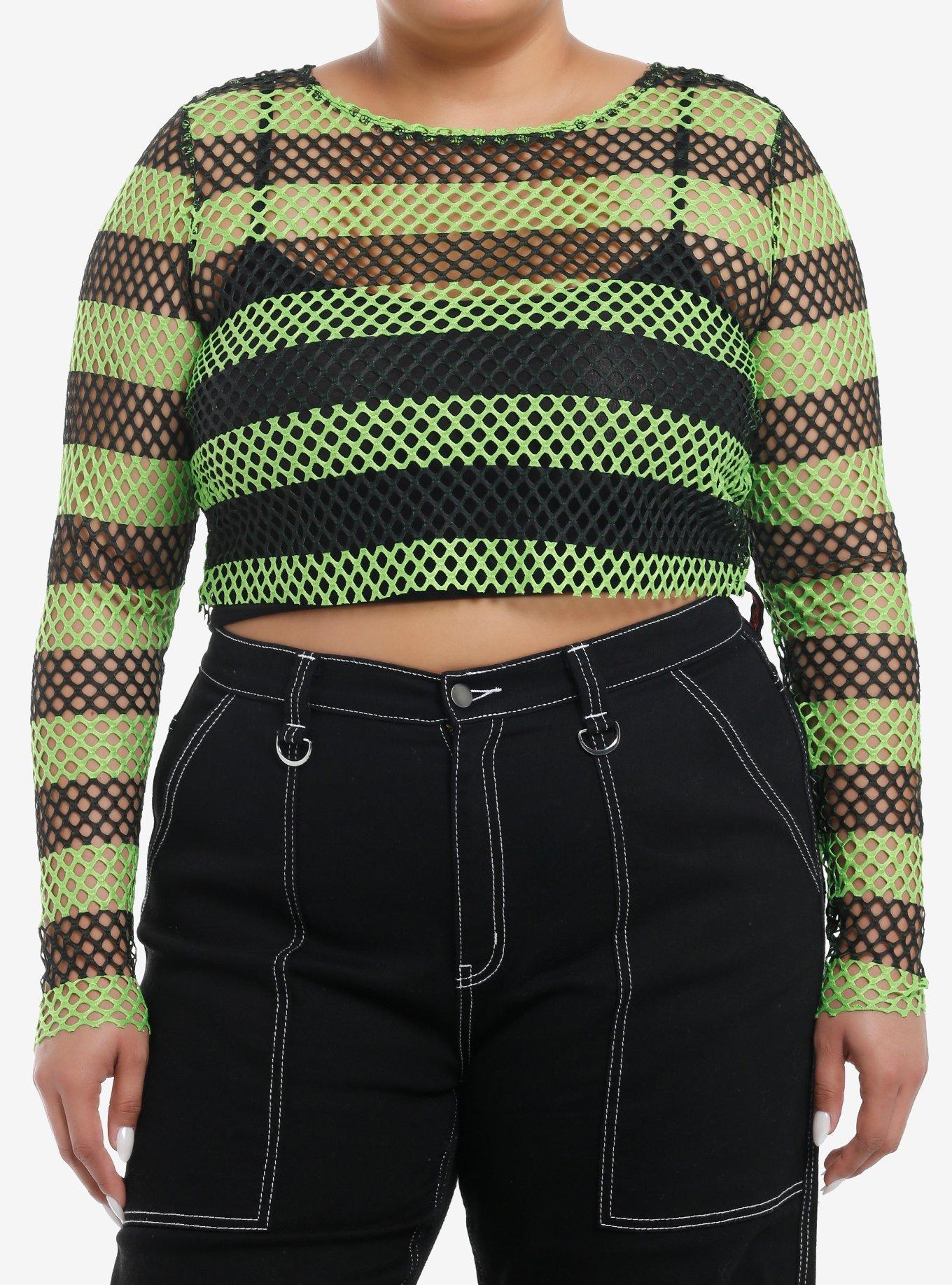 Social Collision Black & Green Fishnet Girls Crop Long-Sleeve Top Plus Size, , hi-res