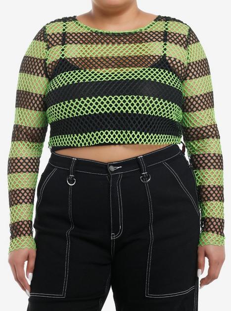 Social Collision Black & Green Fishnet Girls Crop Long-Sleeve Top Plus ...