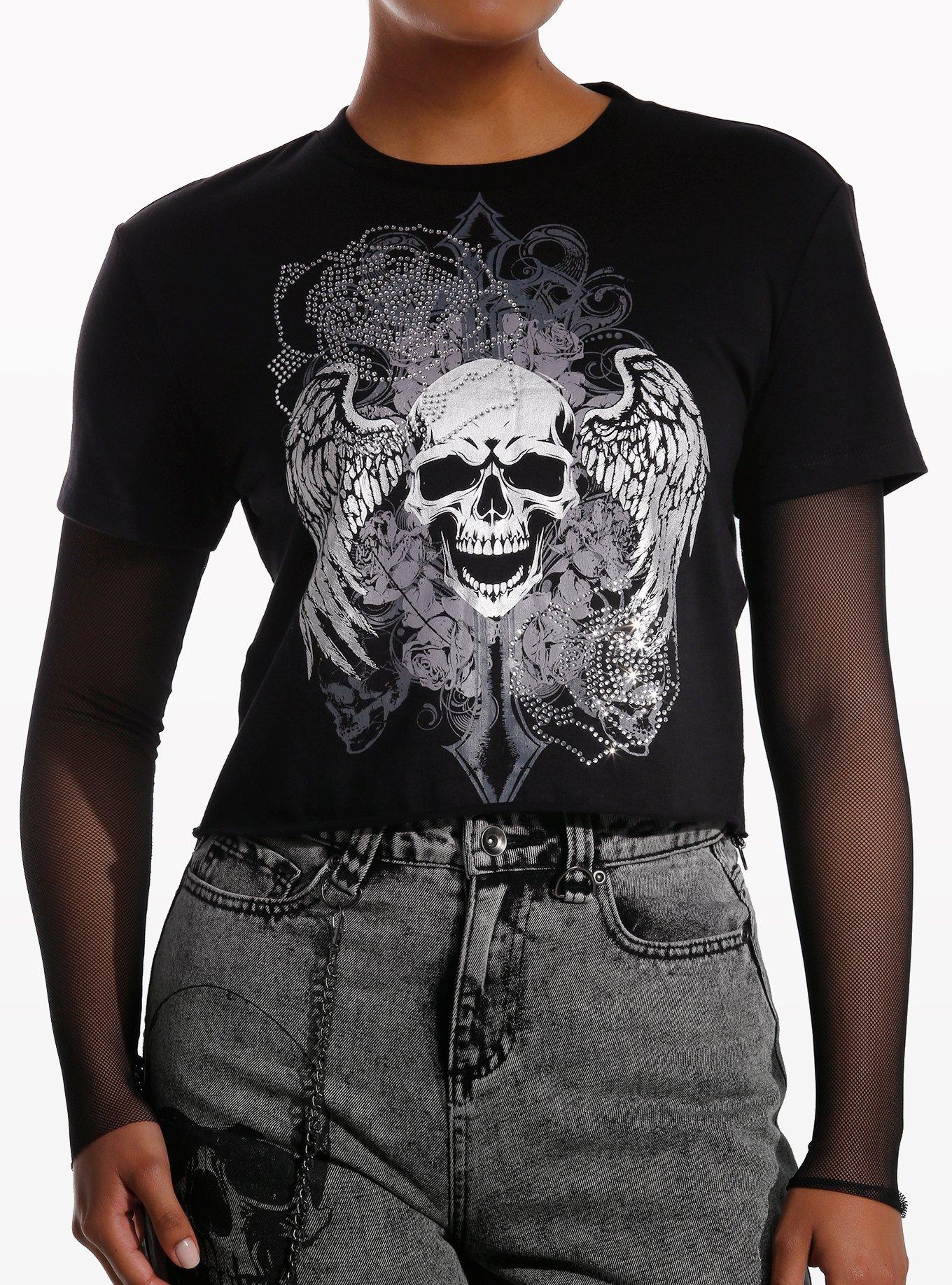 Social Collision Winged Skull & Rose Rhinestone Mesh Girls Twofer Long-Sleeve Top, , hi-res