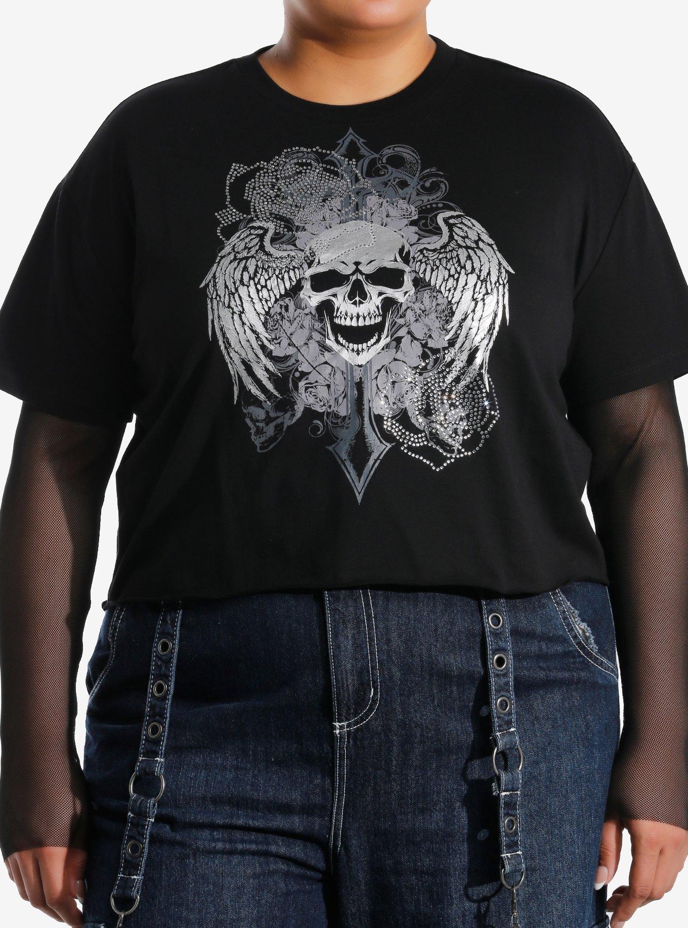 Social Collision Winged Skull & Rose Rhinestone Girls Twofer Long-Sleeve Top Plus Size, , hi-res