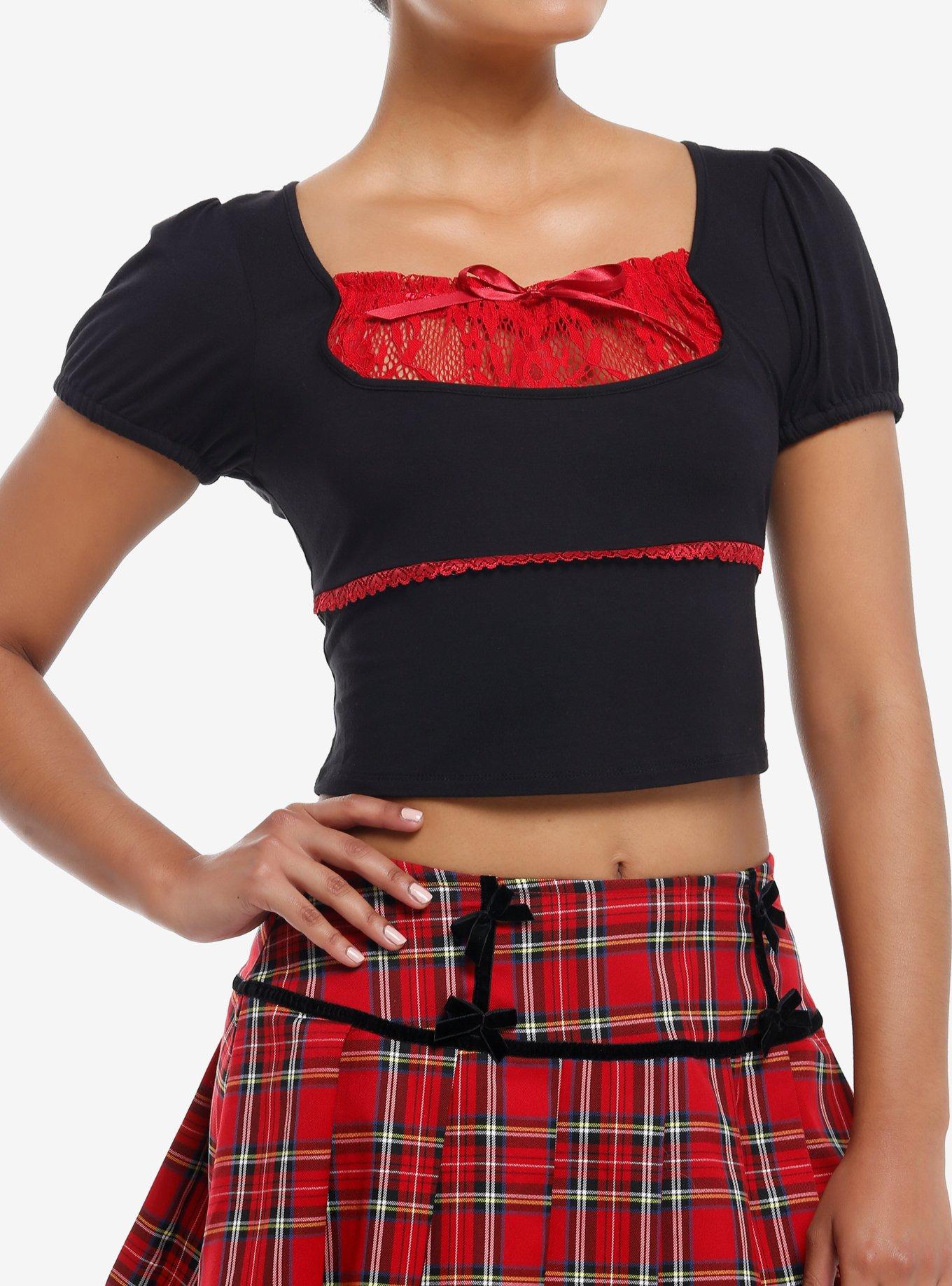Social Collision Black & Red Lace Girls Crop Top, , hi-res