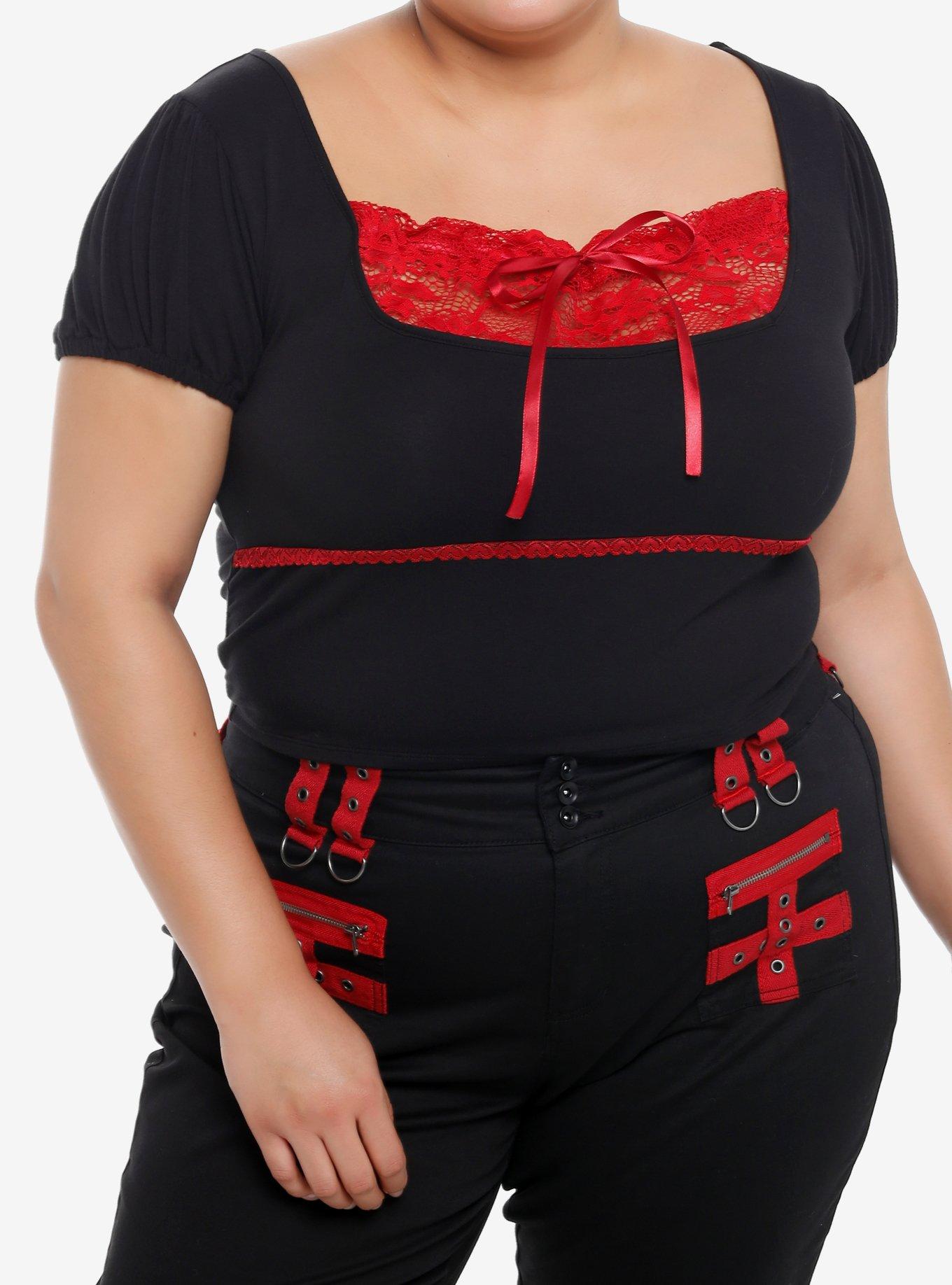 Social Collision Black & Red Lace Girls Crop Top Plus Size, , hi-res