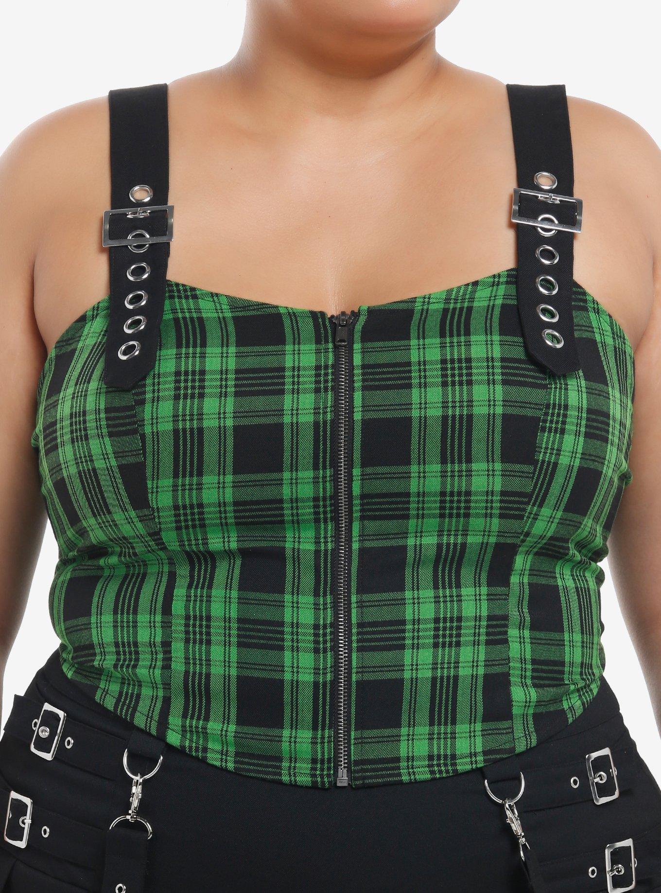 Social Collision Green & Black Plaid Grommet Zip-Front Girls Corset Plus Size, , hi-res