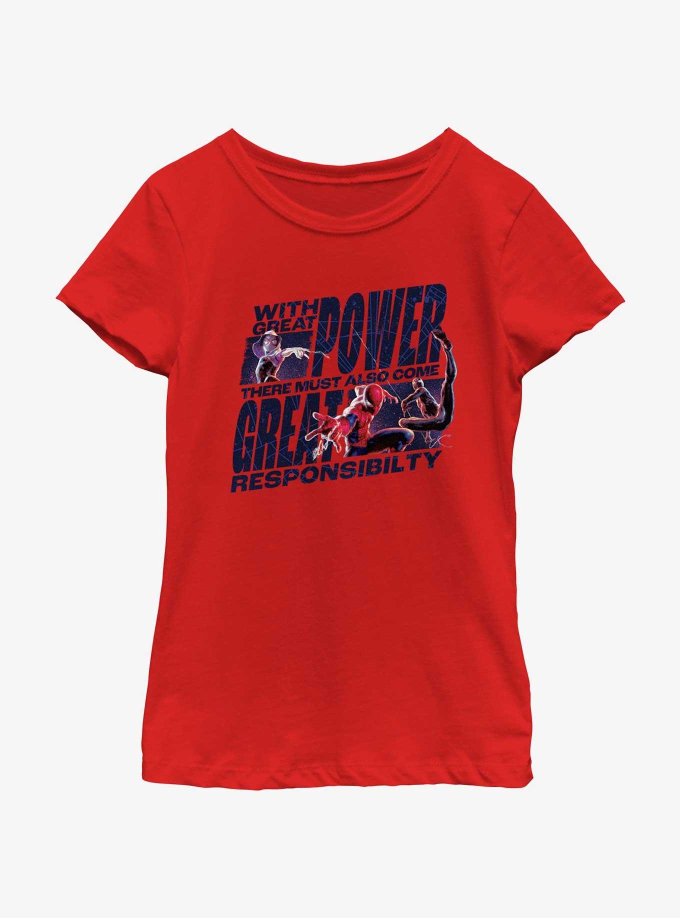 Marvel Spider-Man Great Power Comes Great ResponsibilityGirls Youth T-Shirt, , hi-res