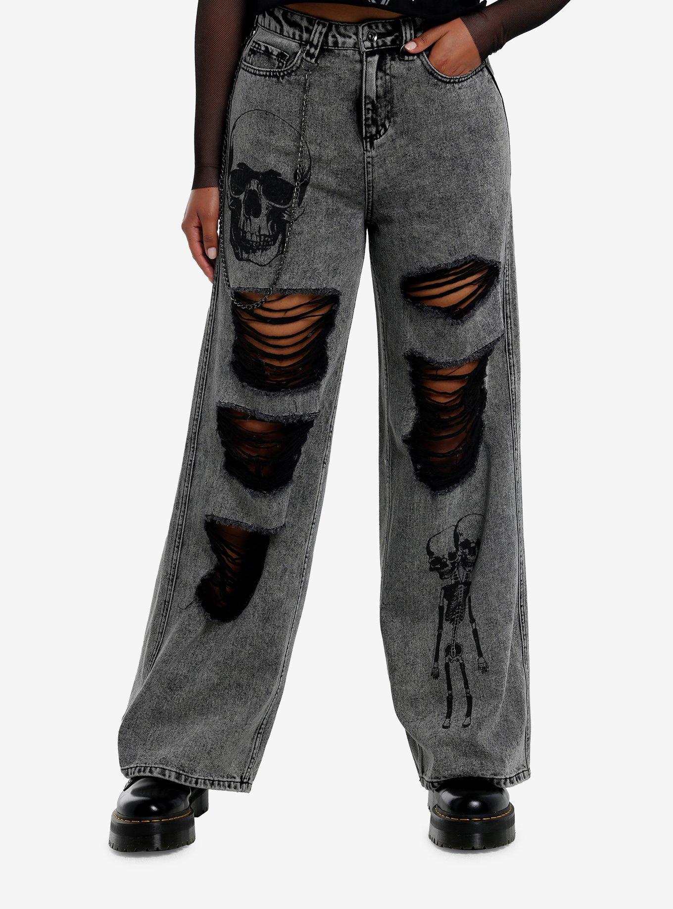Black Faded Wash Skull Side Chain Wide Leg Jeans, , hi-res