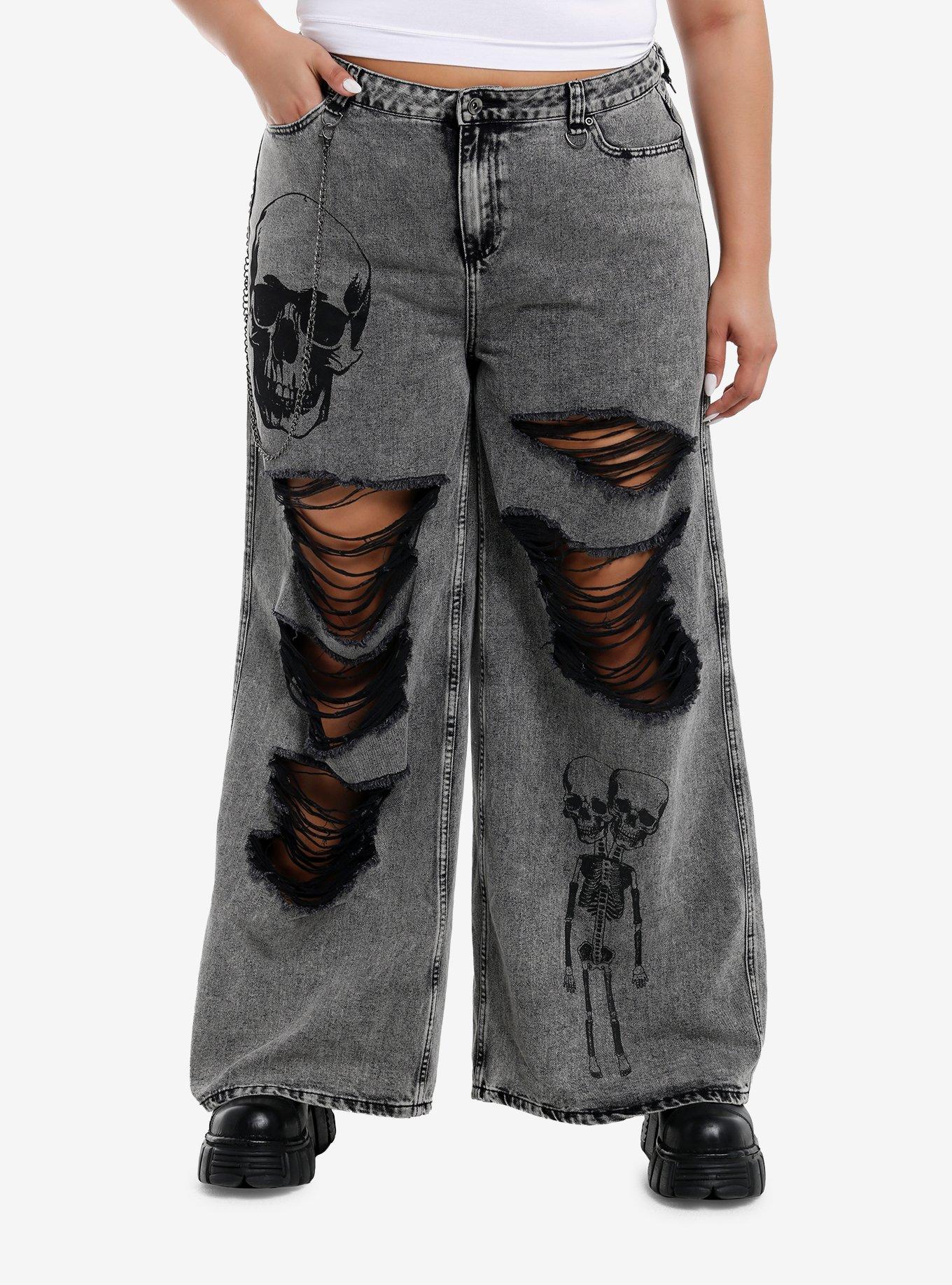 Black Faded Wash Skull Side Chain Wide Leg Jeans Plus Size, , hi-res