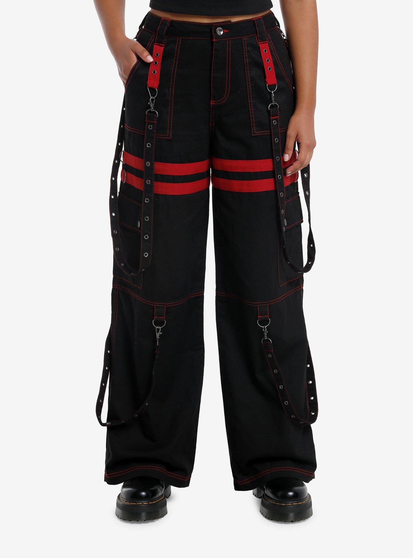 Black & Red Grommet Suspender Wide Leg Pants, , hi-res