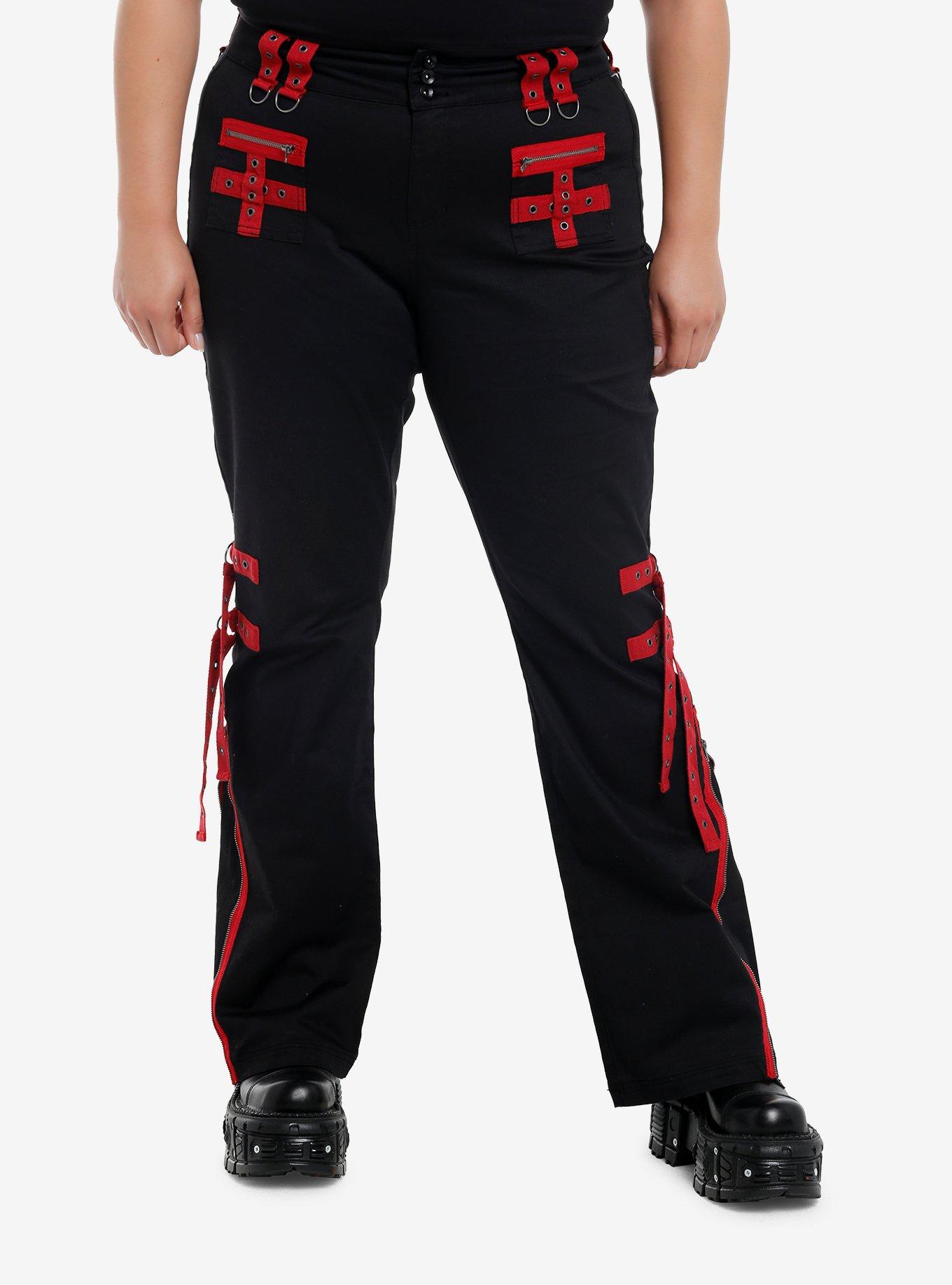 Black & Red Grommet Tape Zipper Pants Plus Size, , hi-res