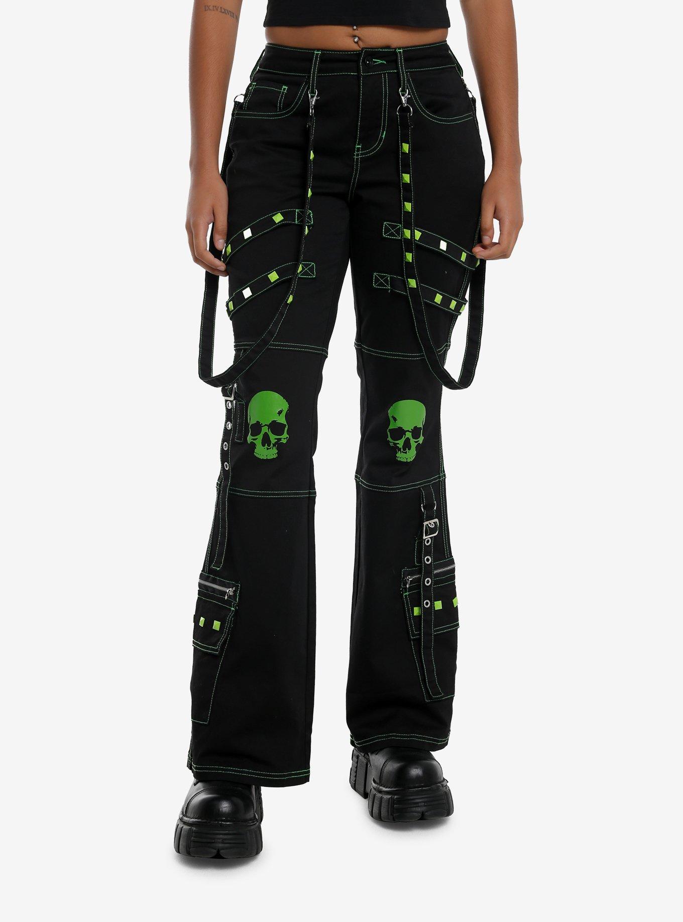 Black & Green Skull Stud Strap Flare Pants, , hi-res