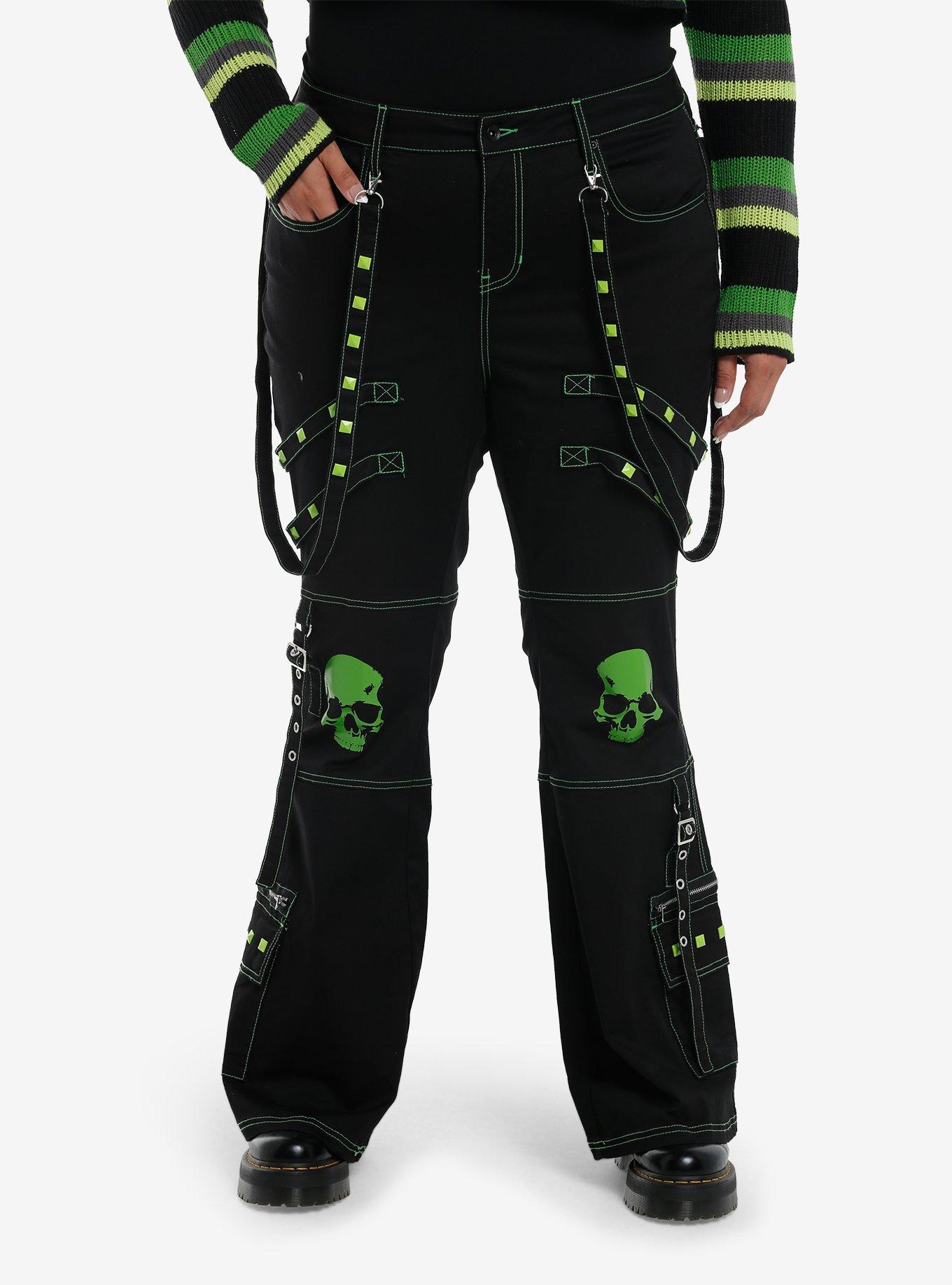 Black & Green Skull Stud Strap Flare Pants Plus Size, , hi-res