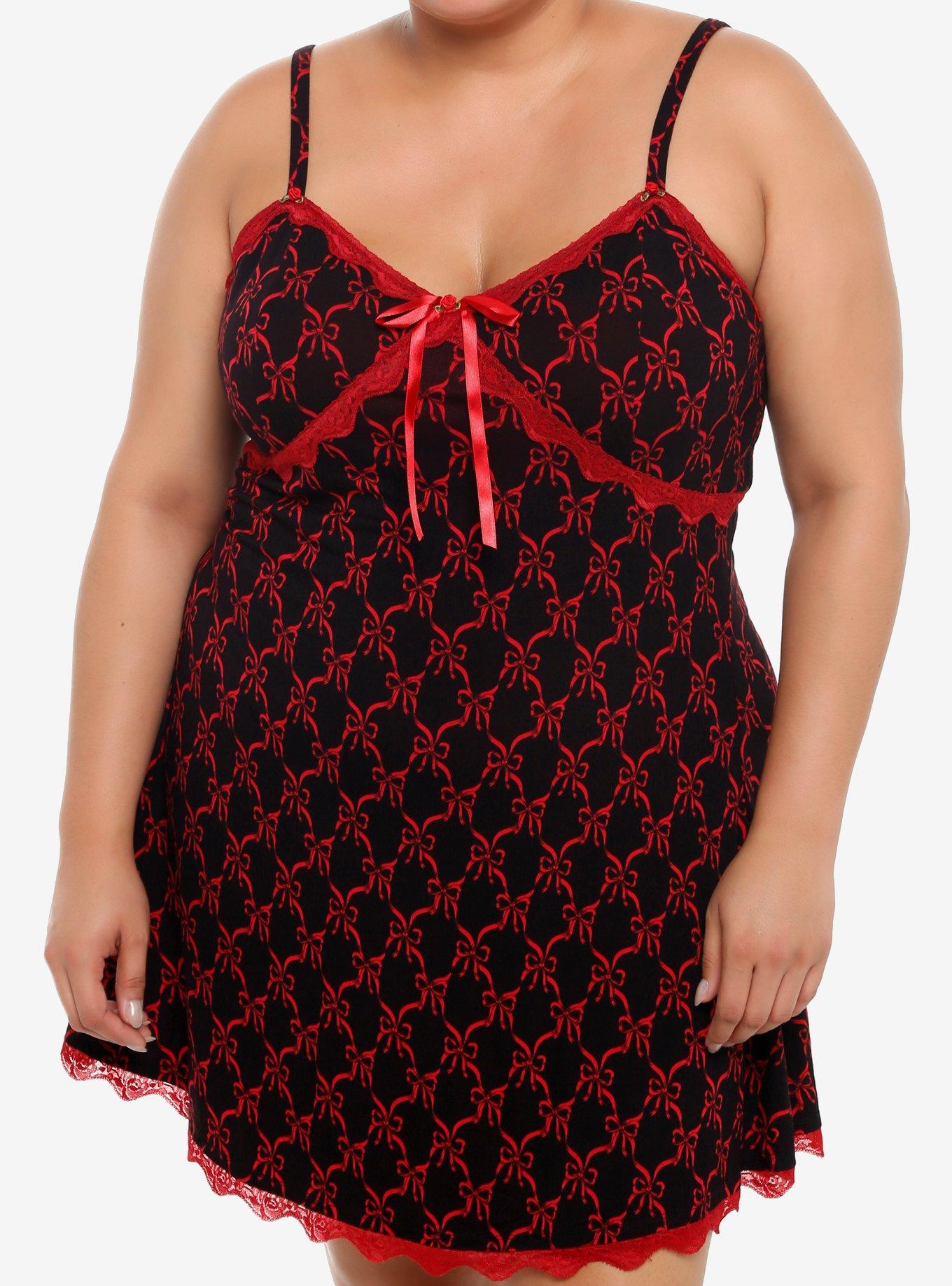 Social Collision Red Bow & Lace Black Cami Dress Plus Size, , hi-res