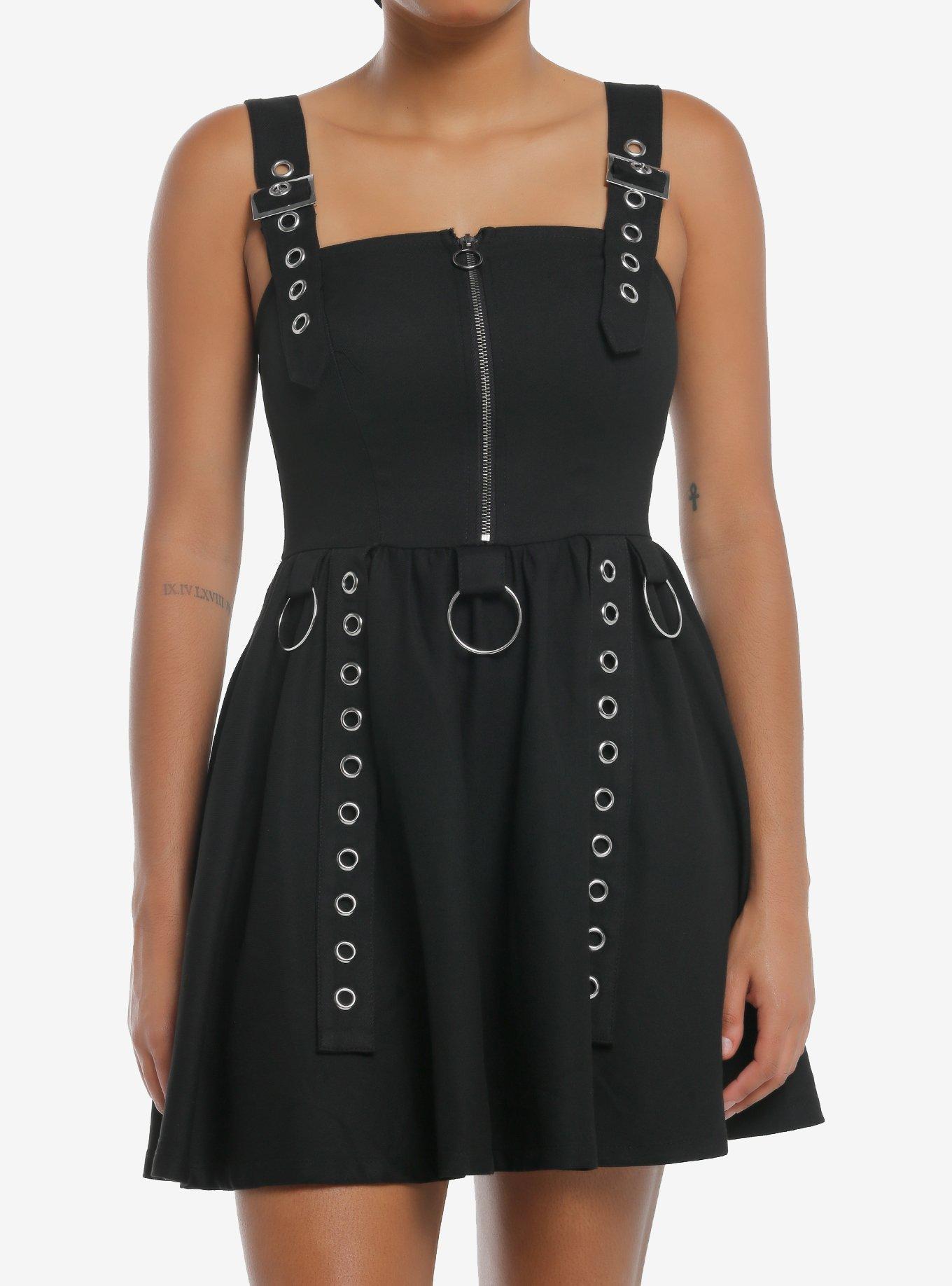 Social Collision Black Grommet Buckle Dress, , hi-res