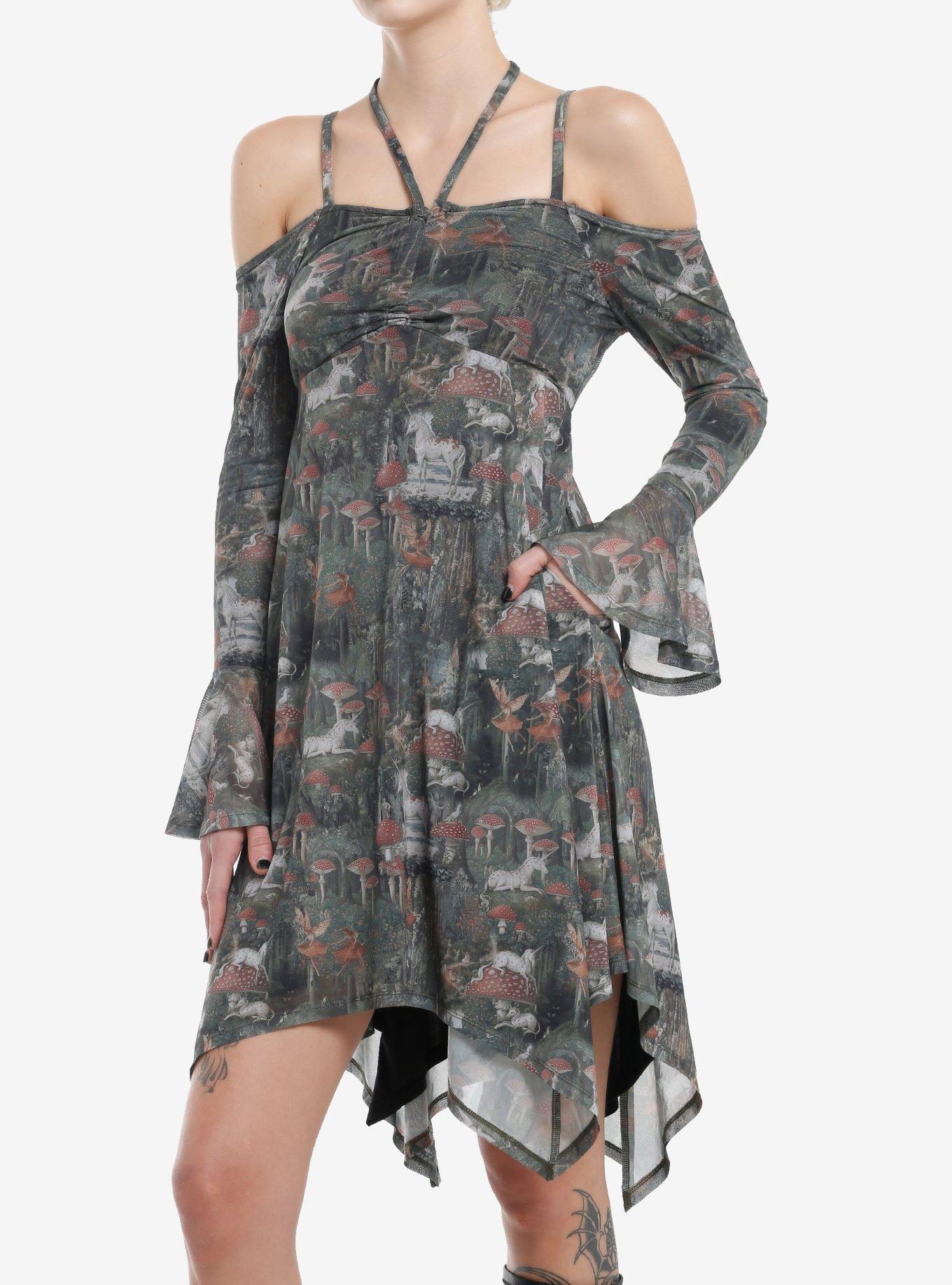 Thorn & Fable Fairy Tale Unicorns & Mushrooms Hanky Hem Halter Dress, PINK, hi-res