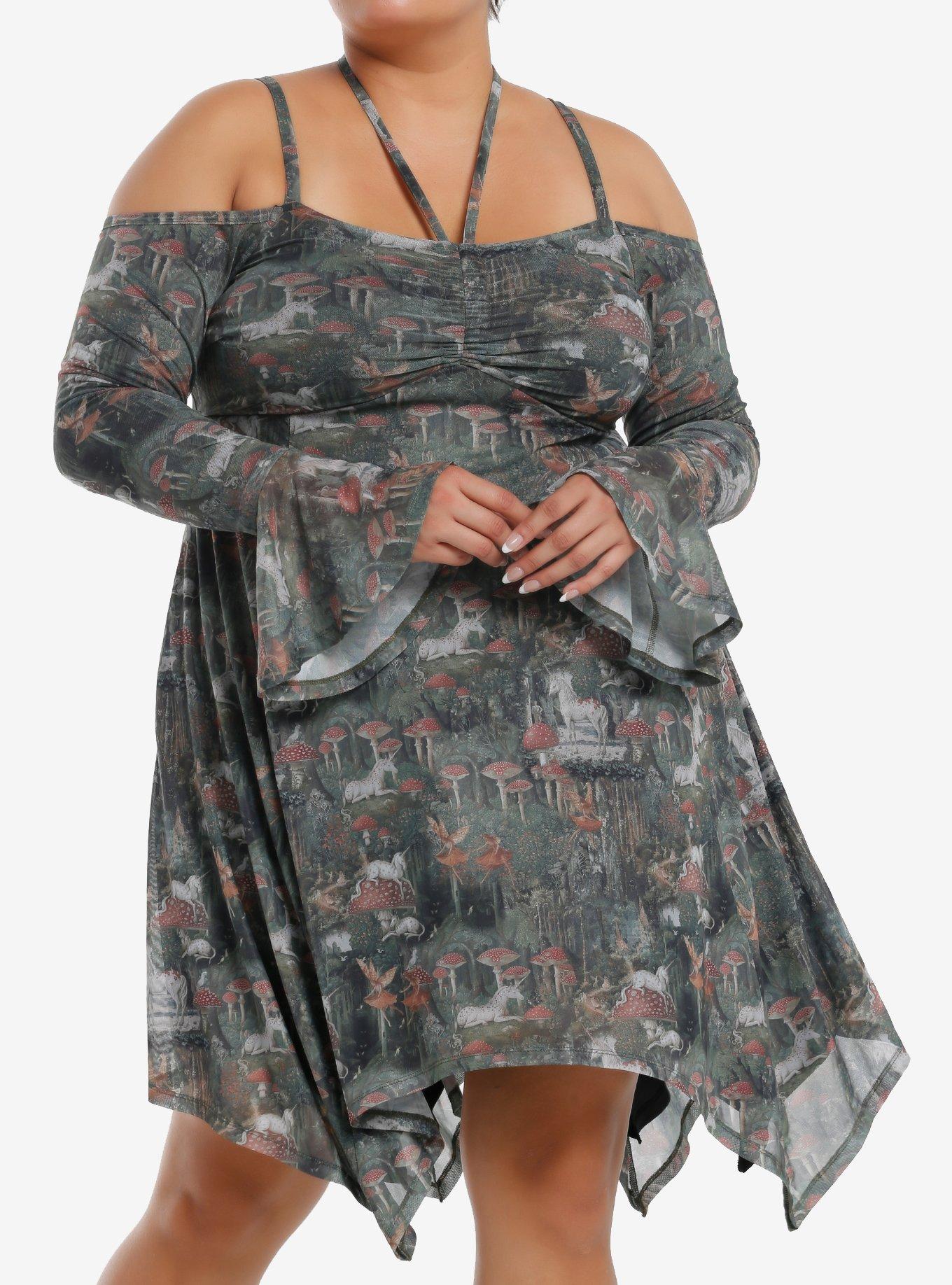 Thorn & Fable Fairy Tale Unicorns & Mushrooms Hanky Hem Halter Dress Plus Size, , hi-res