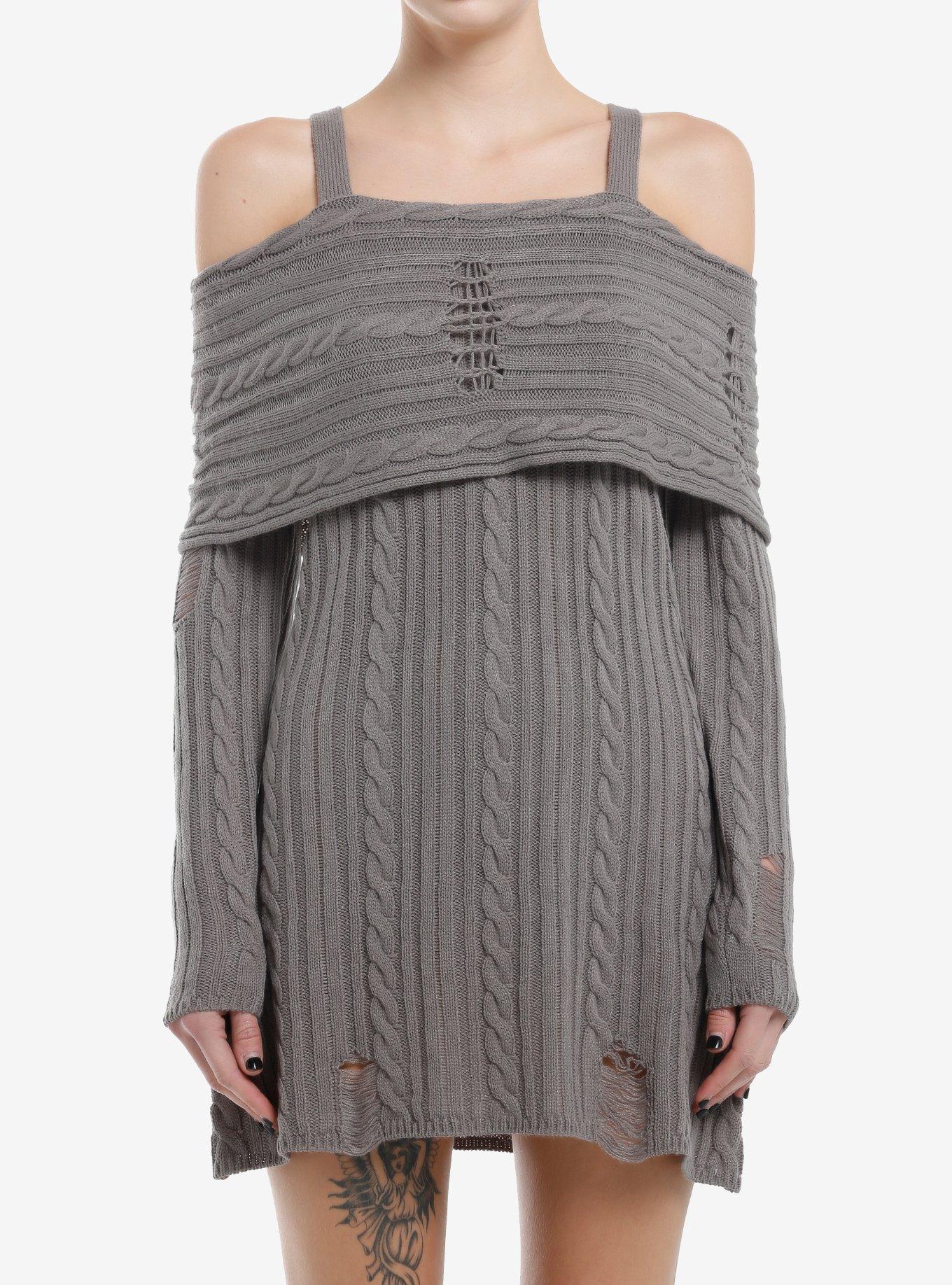 Social Collision Grey Cable Knit Destructed Cold Shoulder Sweater Dress, , hi-res