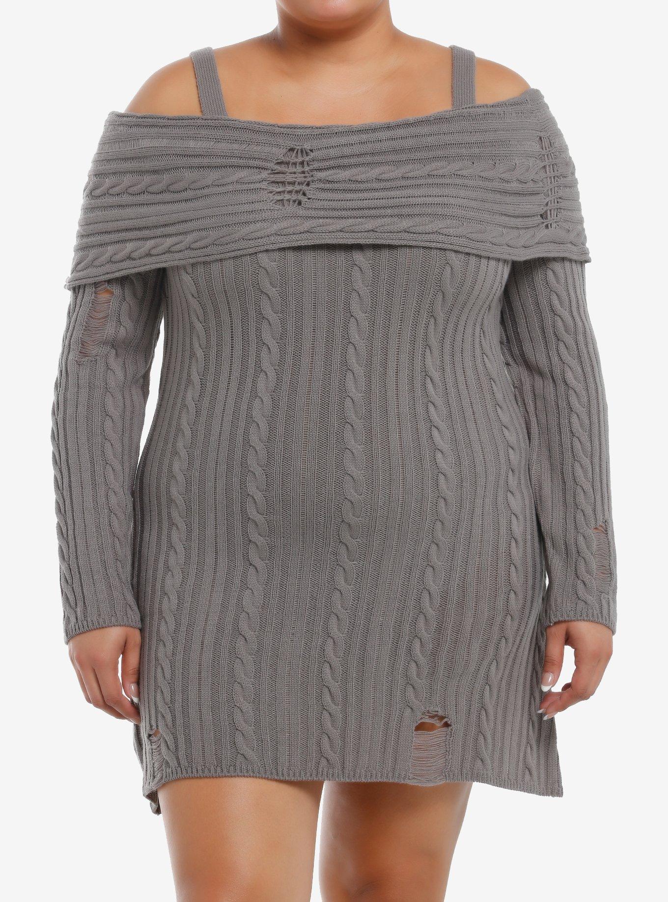 Social Collision Grey Cable Knit Destructed Cold Shoulder Sweater Dress Plus Size, , hi-res