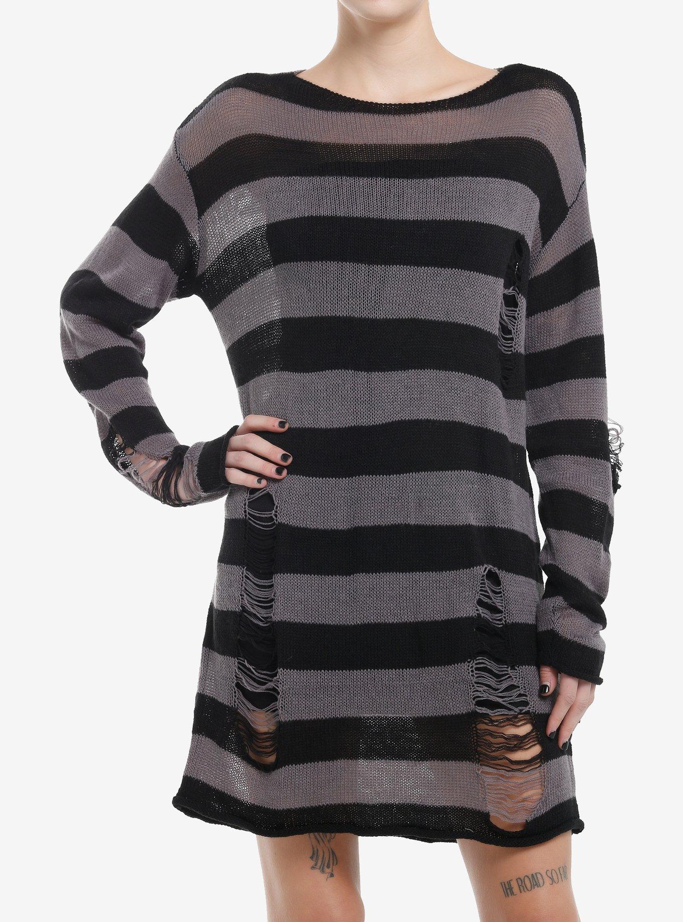 Social Collision Grey & Black Stripe Distressed Sweater Dress, BLACK, hi-res