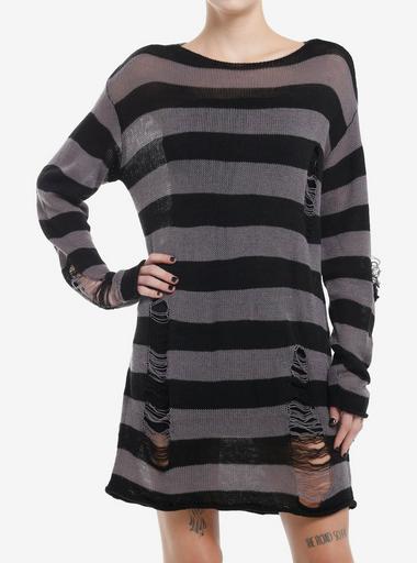 Social Collision Grey & Black Stripe Distressed Sweater Dress | Hot Topic