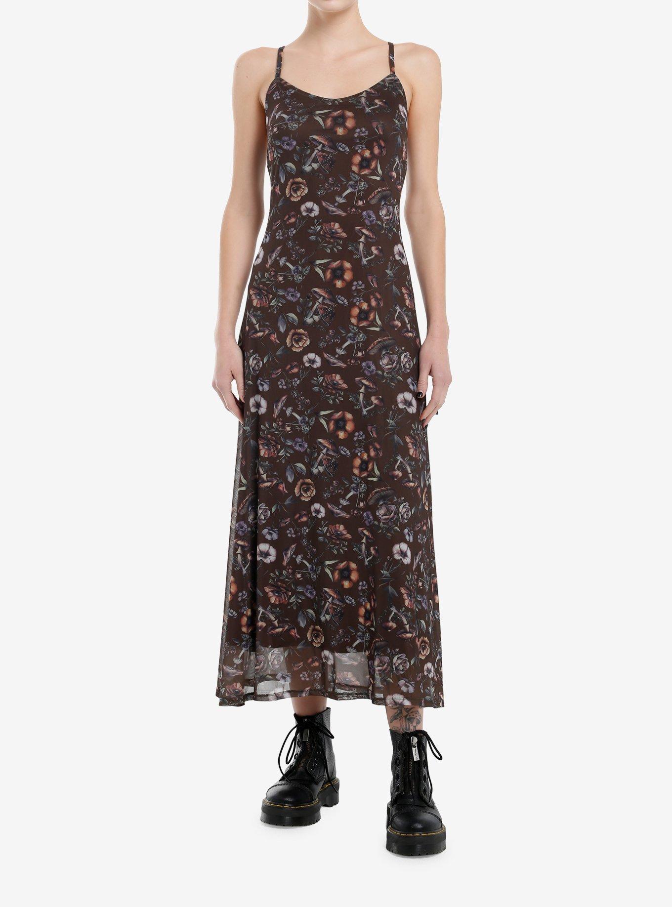 Thorn & Fable Brown Mushrooms & Flowers Maxi Dress, BROWN, hi-res