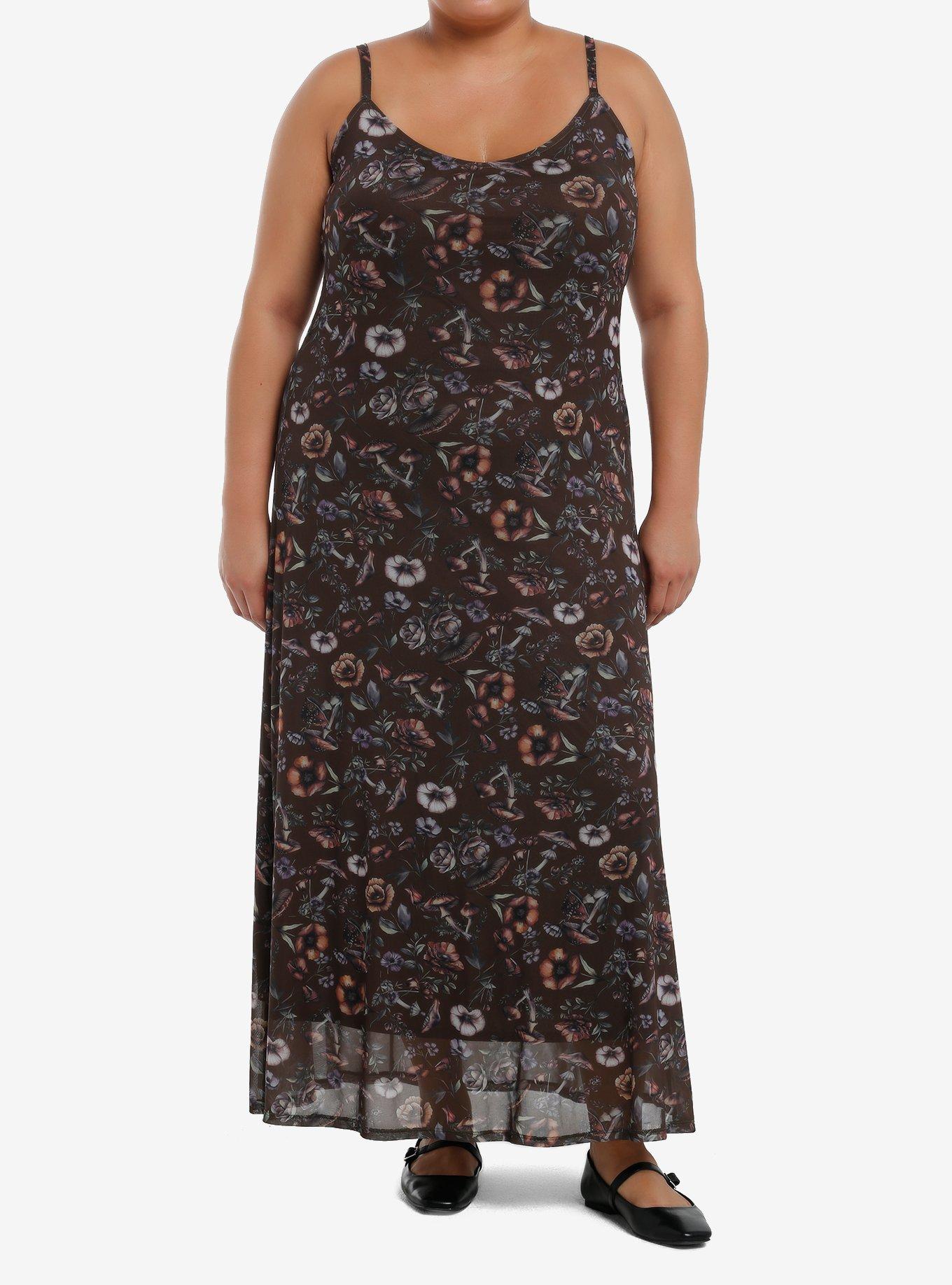 Thorn & Fable Brown Mushrooms & Flowers Maxi Dress Plus Size, , hi-res