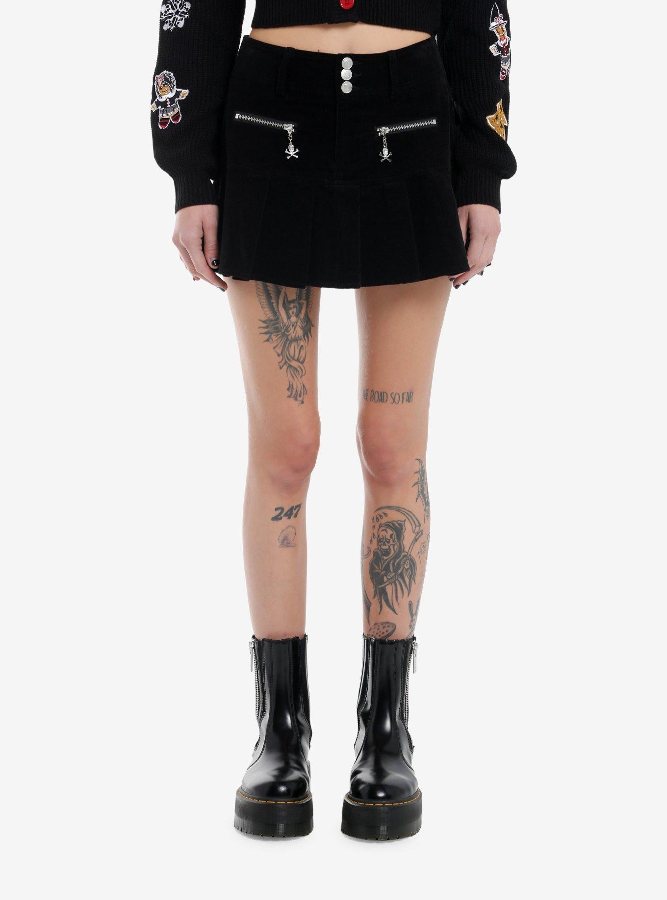 Social Collision Black Corduroy Skull Zipper Pleated Mini Skirt, , hi-res