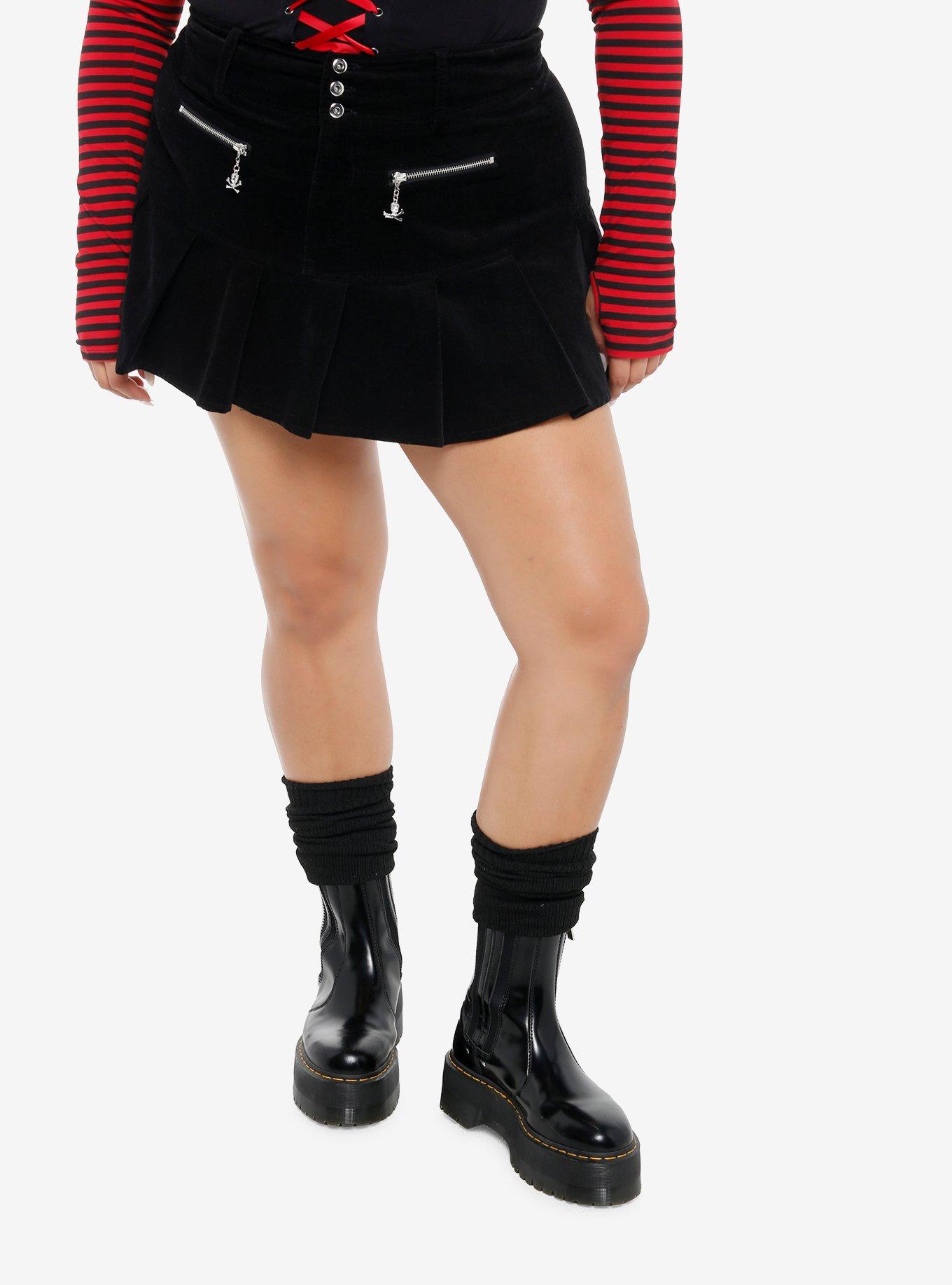 Social Collision Black Corduroy Skull Zipper Pleated Mini Skirt Plus Size, , hi-res