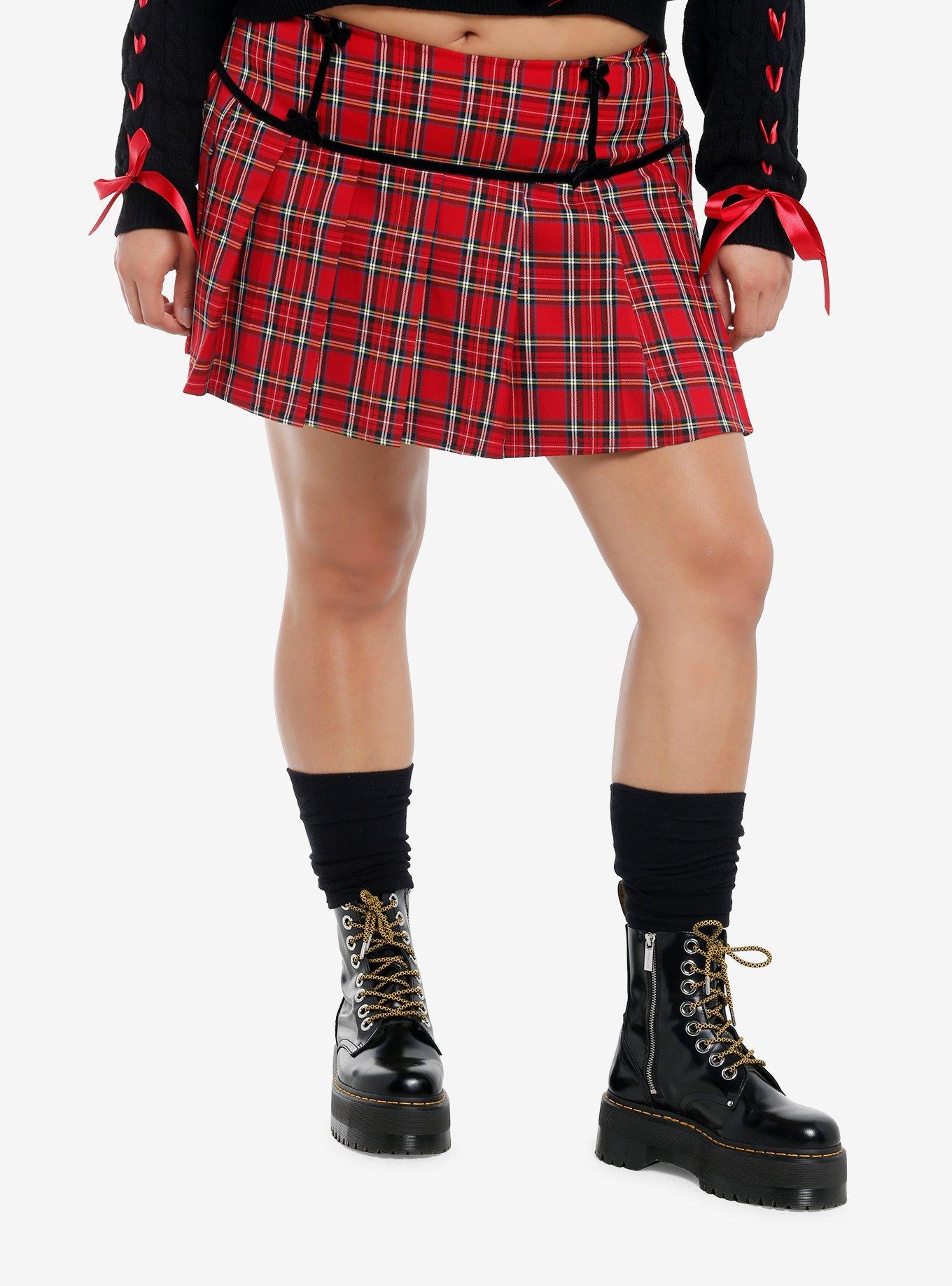 Social Collision Red Plaid Velvet Bow Pleated Mini Skirt Plus Size, BLACK, hi-res