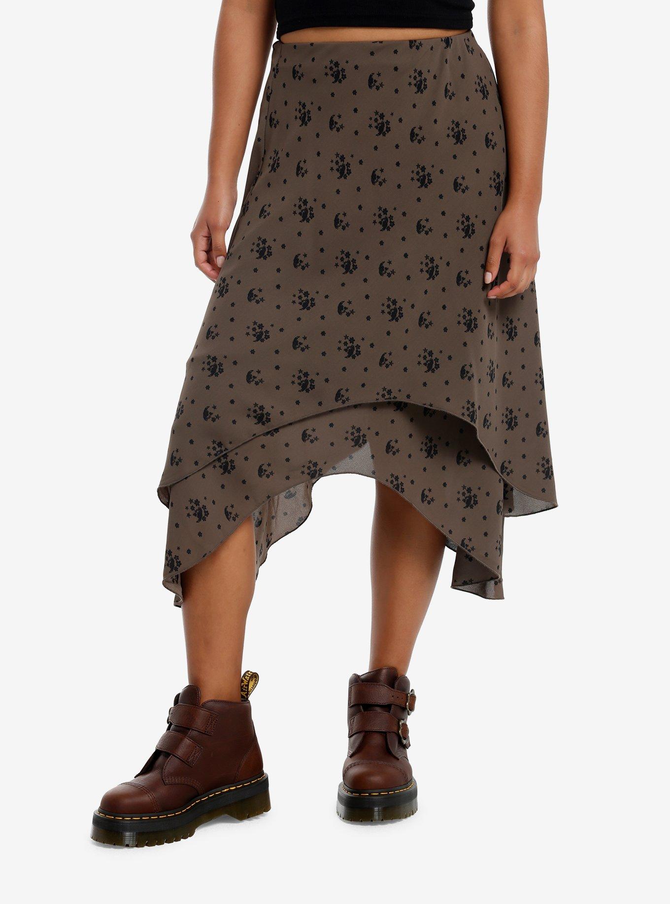 Social Collision Brown & Black Daisies Shark Bite Skirt, , hi-res