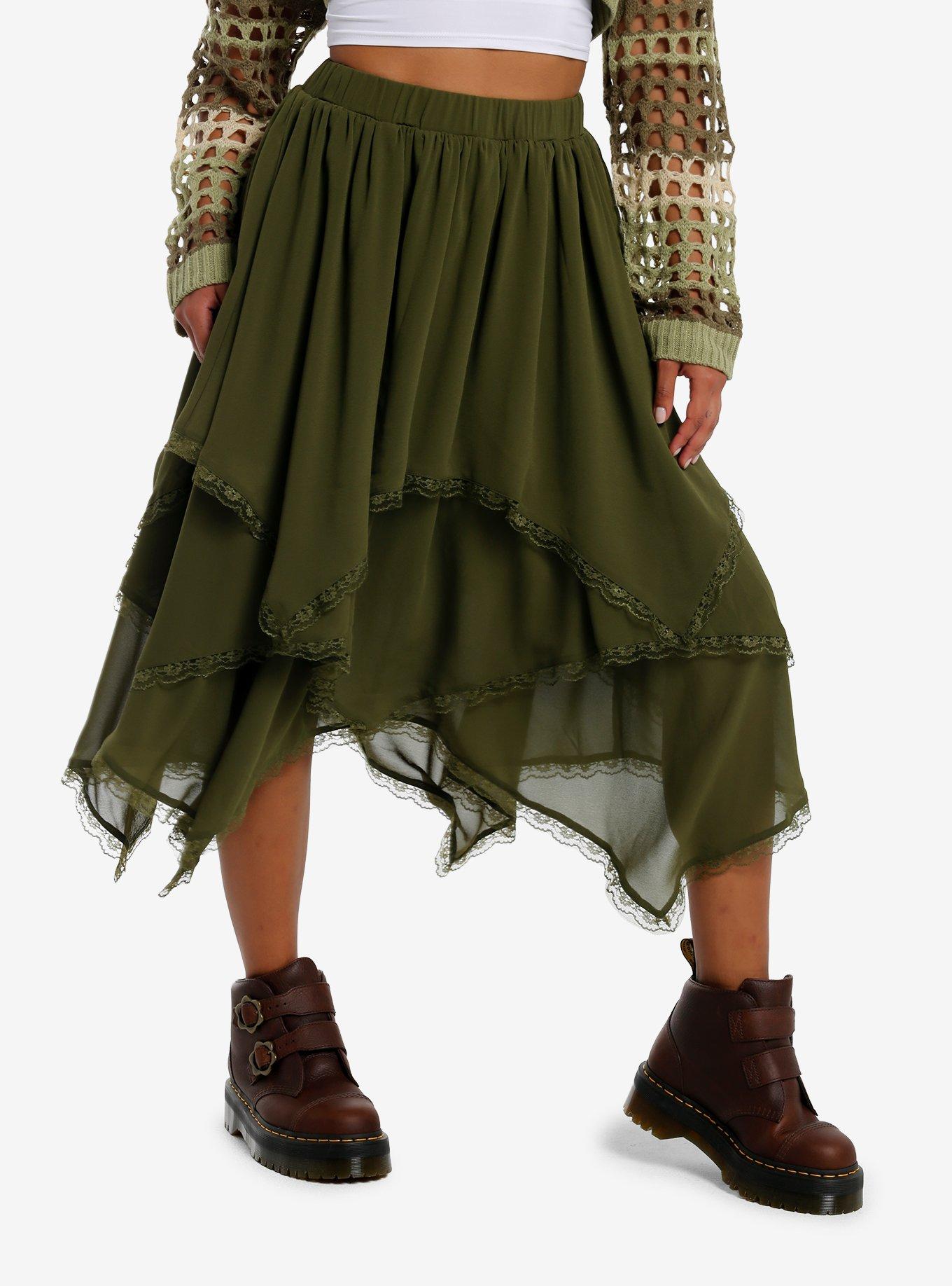 Thorn & Fable Green Tiered Hanky Hem Midi Skirt, , hi-res