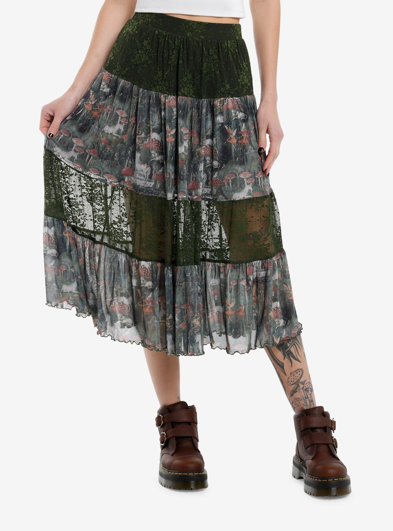 Thorn & Fable Unicorns & Mushrooms Green Lace Sheer Midi Skirt, , hi-res