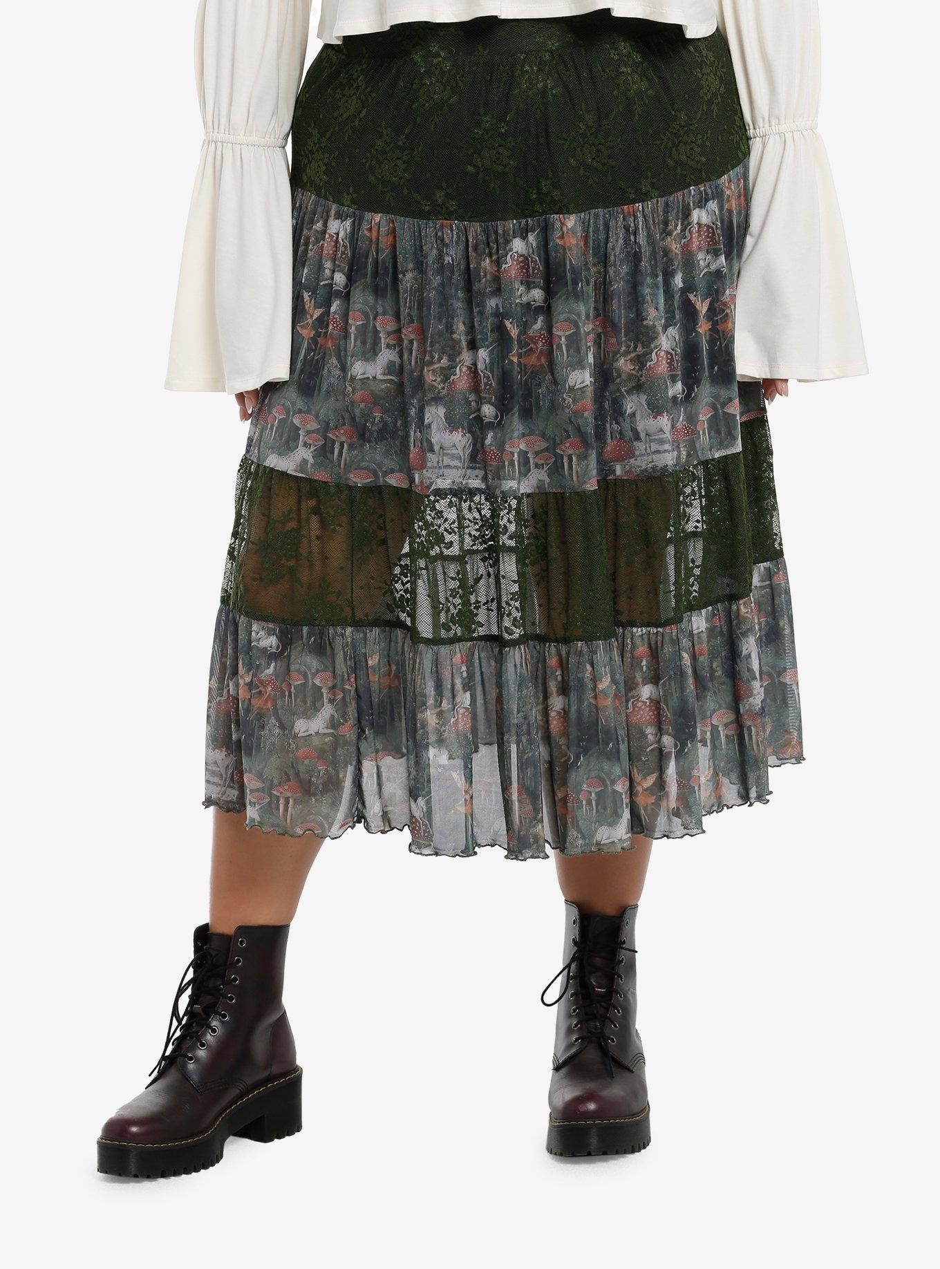 Thorn & Fable Unicorns & Mushrooms Green Lace Sheer Midi Skirt Plus Size, , hi-res