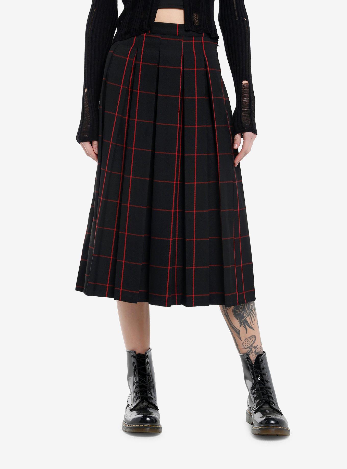 Social Collision Black & Red Windowpane Plaid Pleated Midi Skirt, RED, hi-res