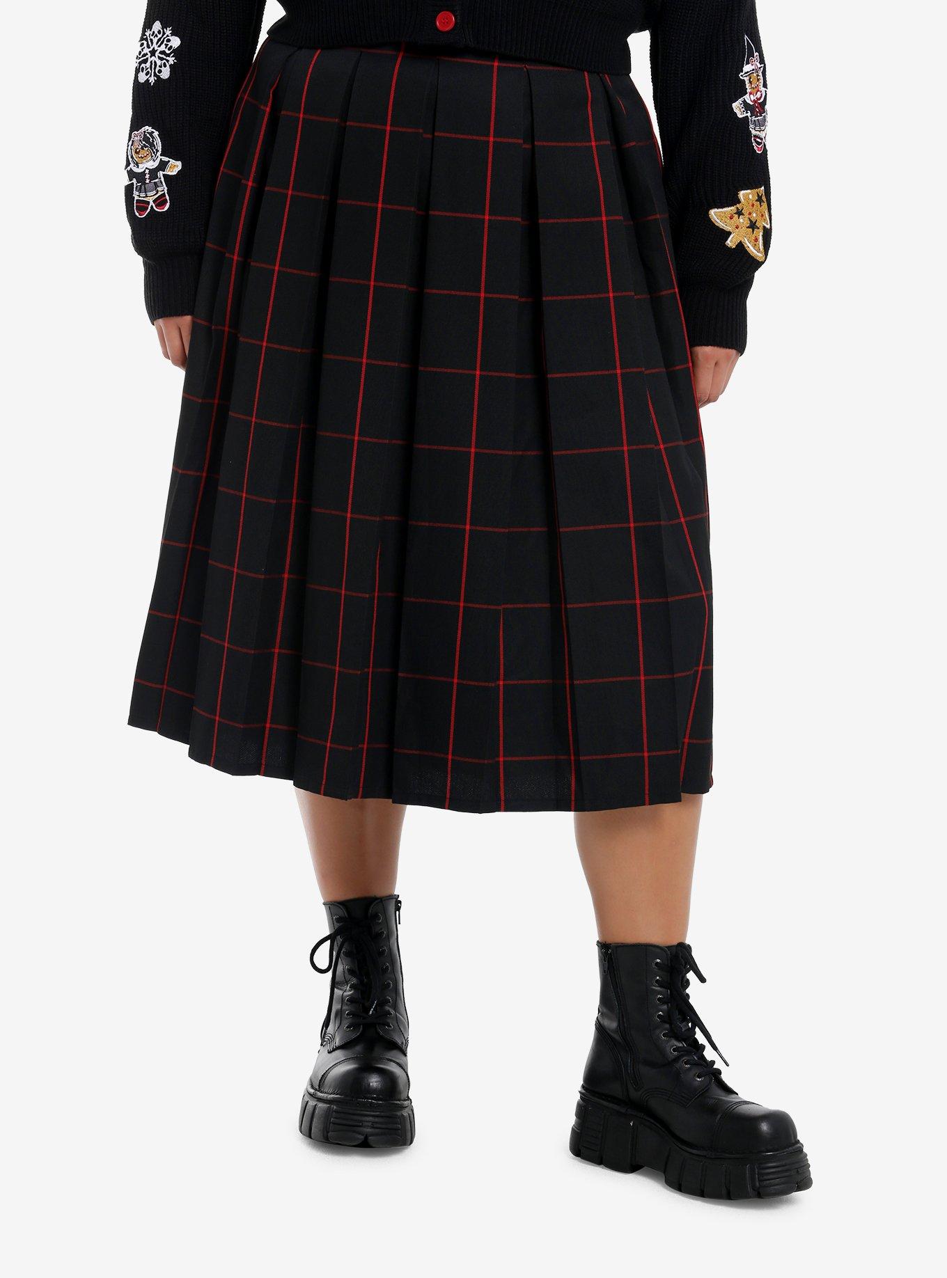 Social Collision Black & Red Windowpane Plaid Pleated Midi Skirt Plus Size