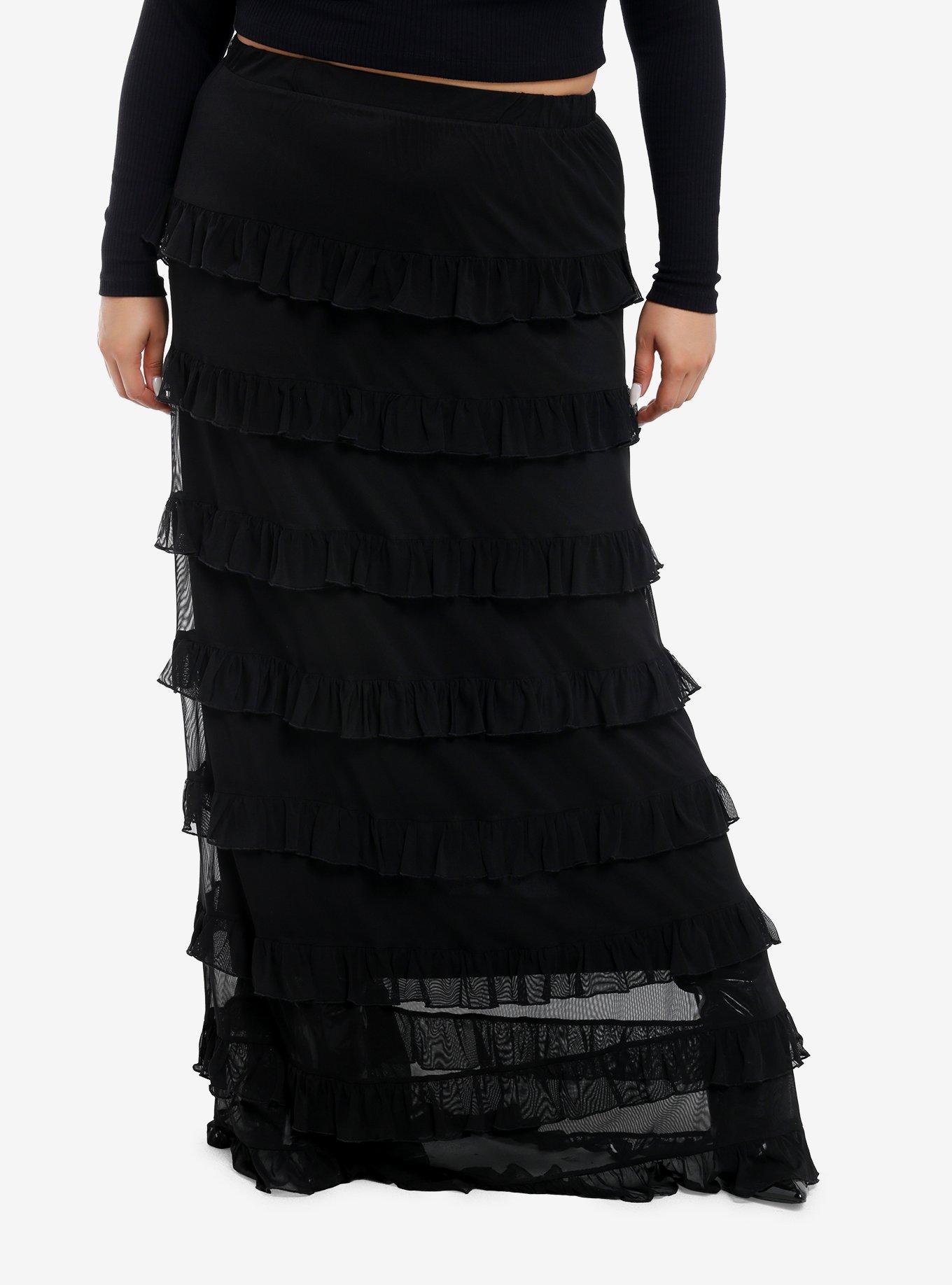 Social Collision Black Mesh Tiered Maxi Skirt Plus Size, , hi-res