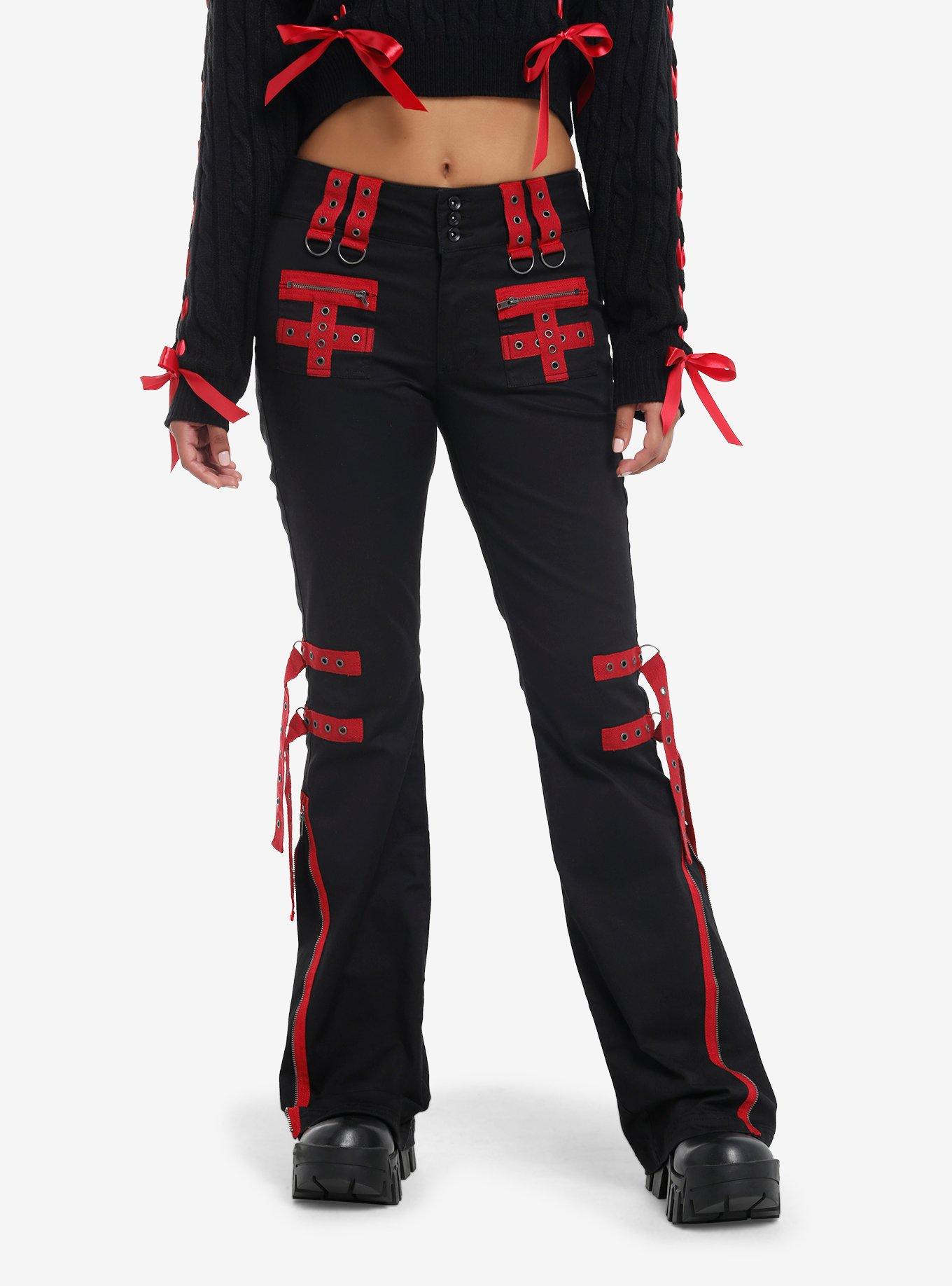 Black & Red Grommet Tape Zipper Pants, , hi-res