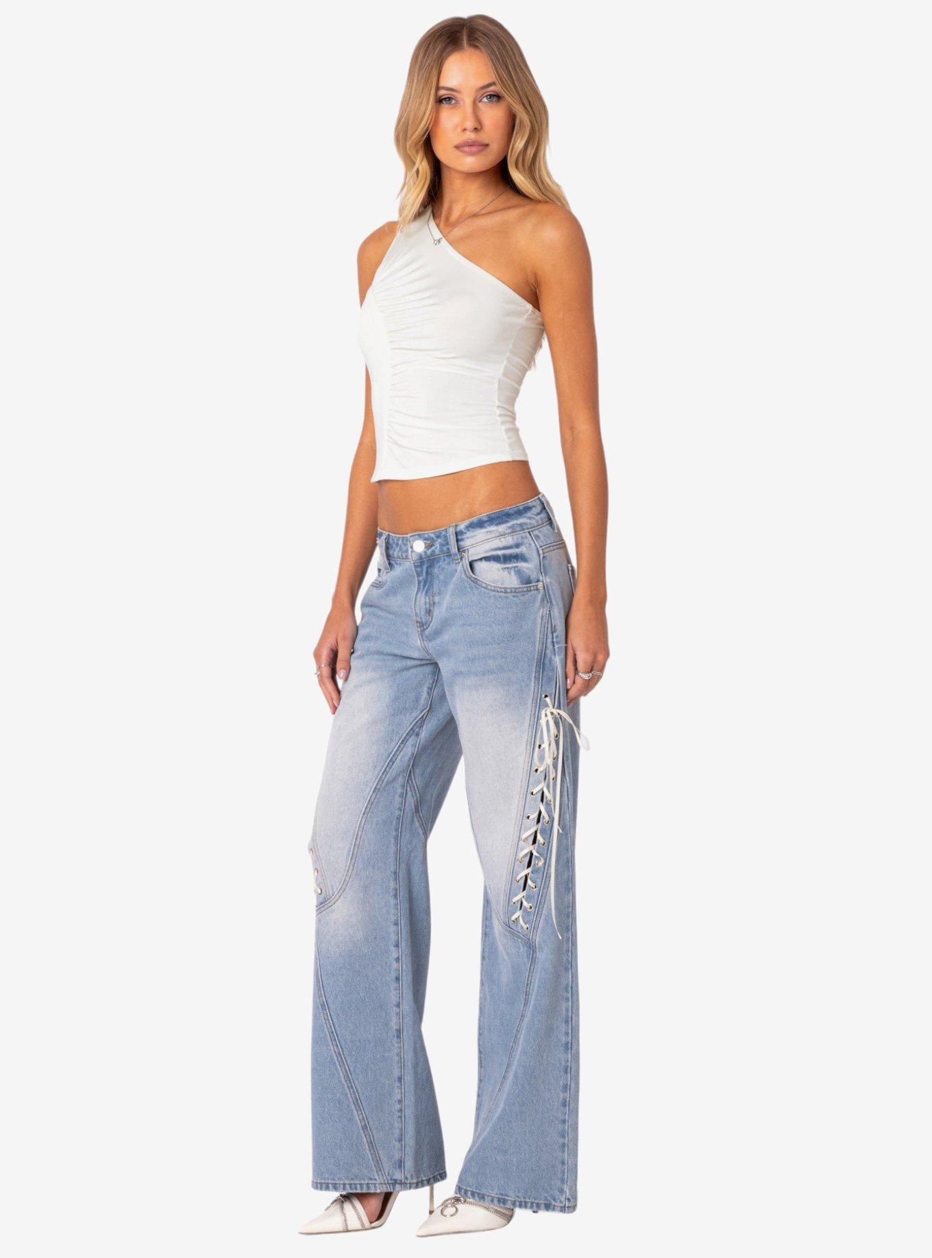 Edikted Low Rise Ribbon Lace Up Jeans, BLUE, hi-res