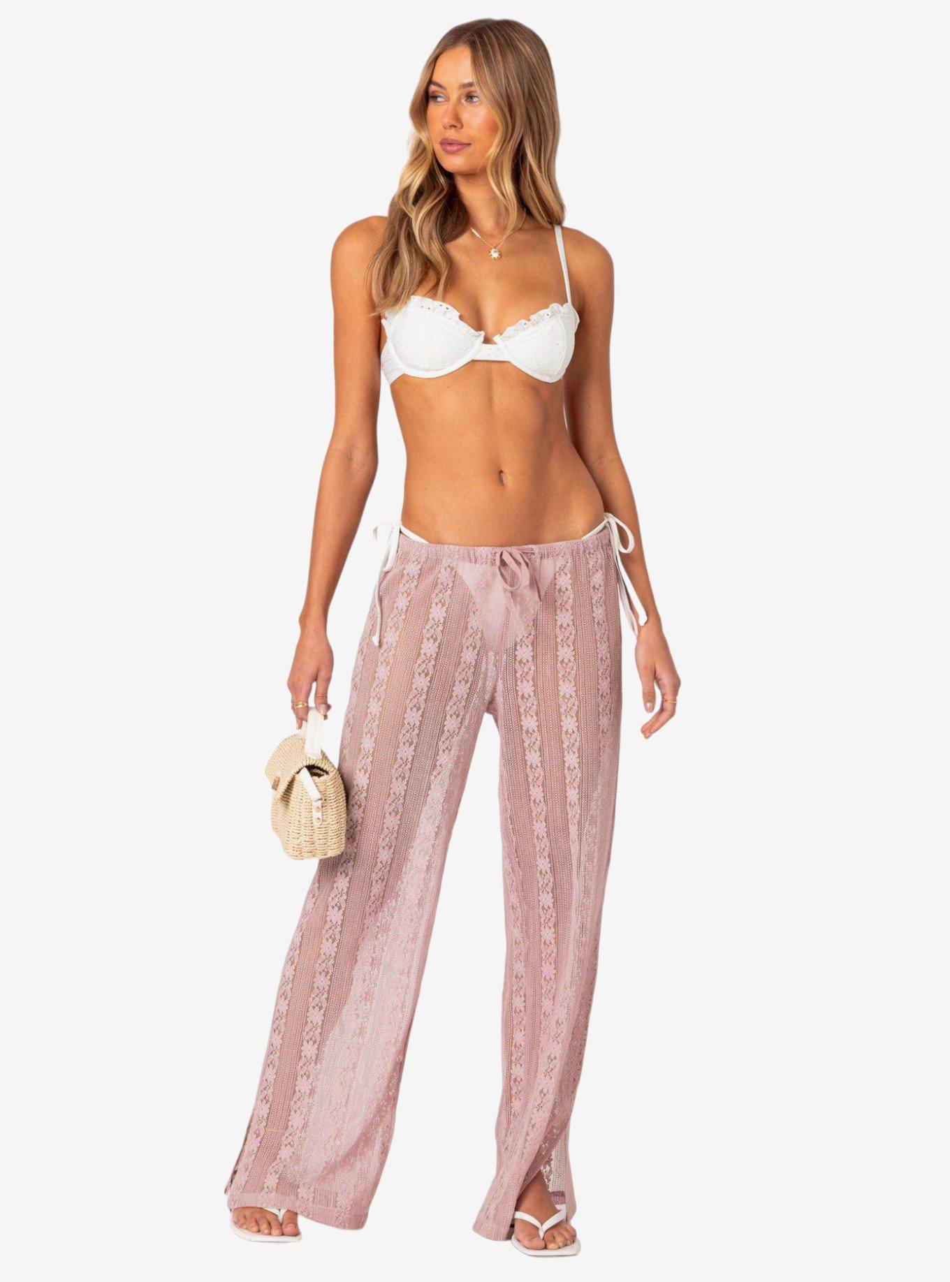 Edikted Embroidered Sheer Lace Pants, PINK, hi-res