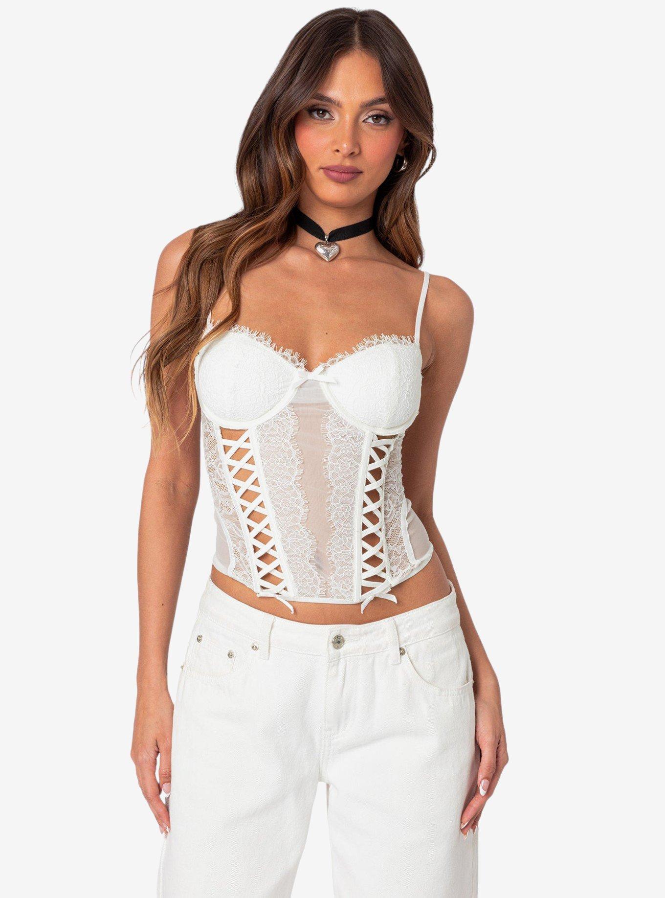 Edikted Becki Sheer Lace Cupped Corset Top, BRIGHT WHITE, hi-res