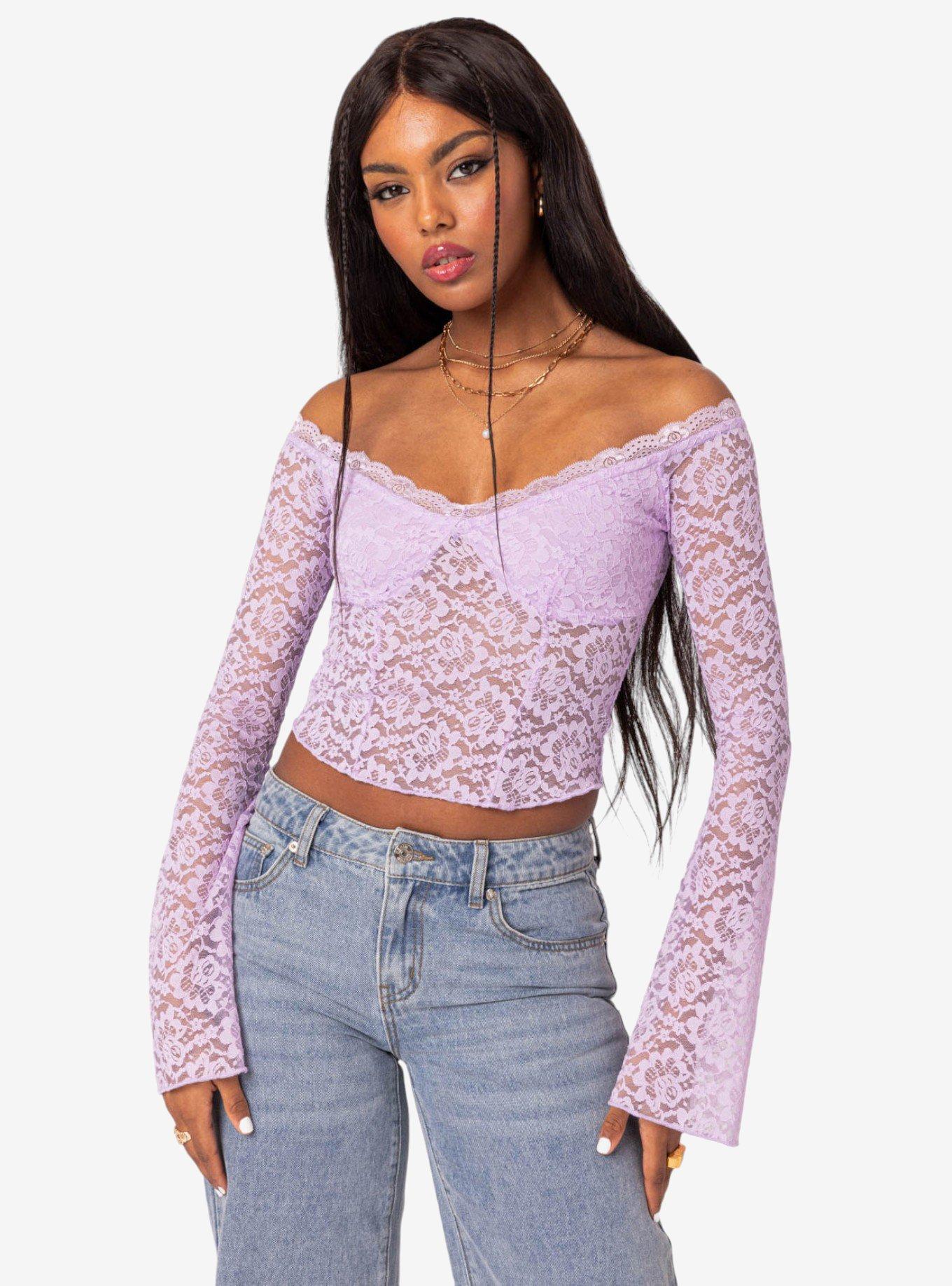 Linda Off Shoulder Sheer Lace Top, PURPLE, hi-res view 1