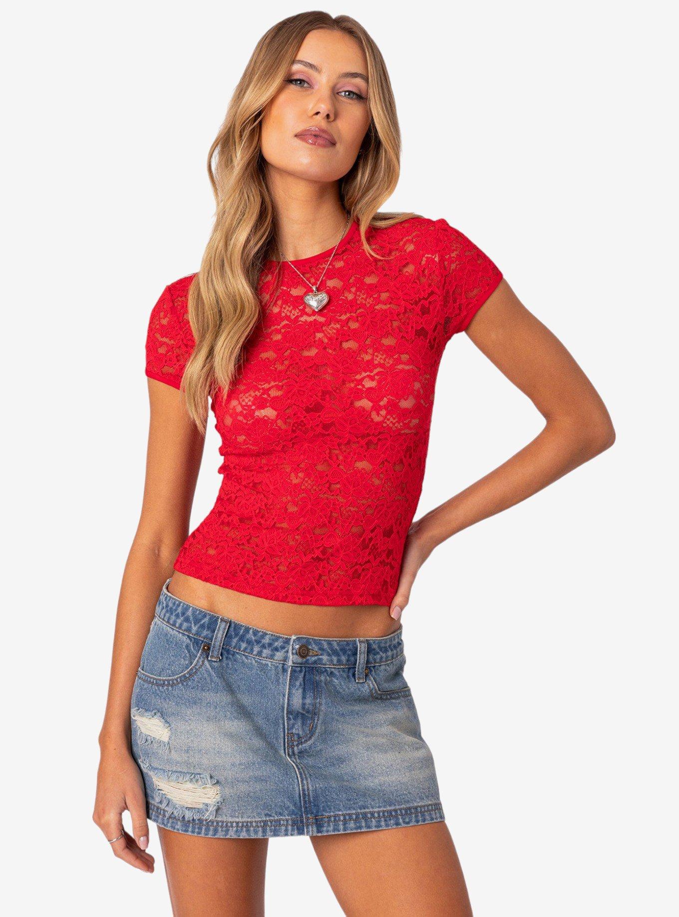 Edikted Kaori Sheer Lace Shirt, RED, hi-res