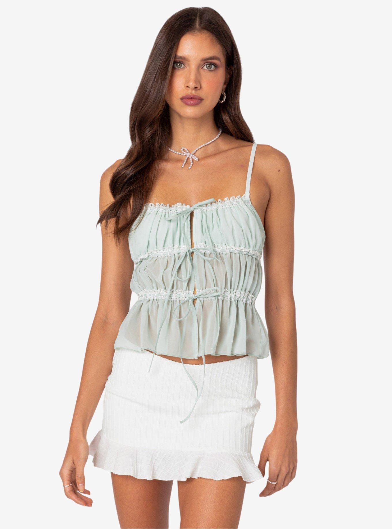 Addy Tie Front Sheer Chiffon Top, GREEN, hi-res