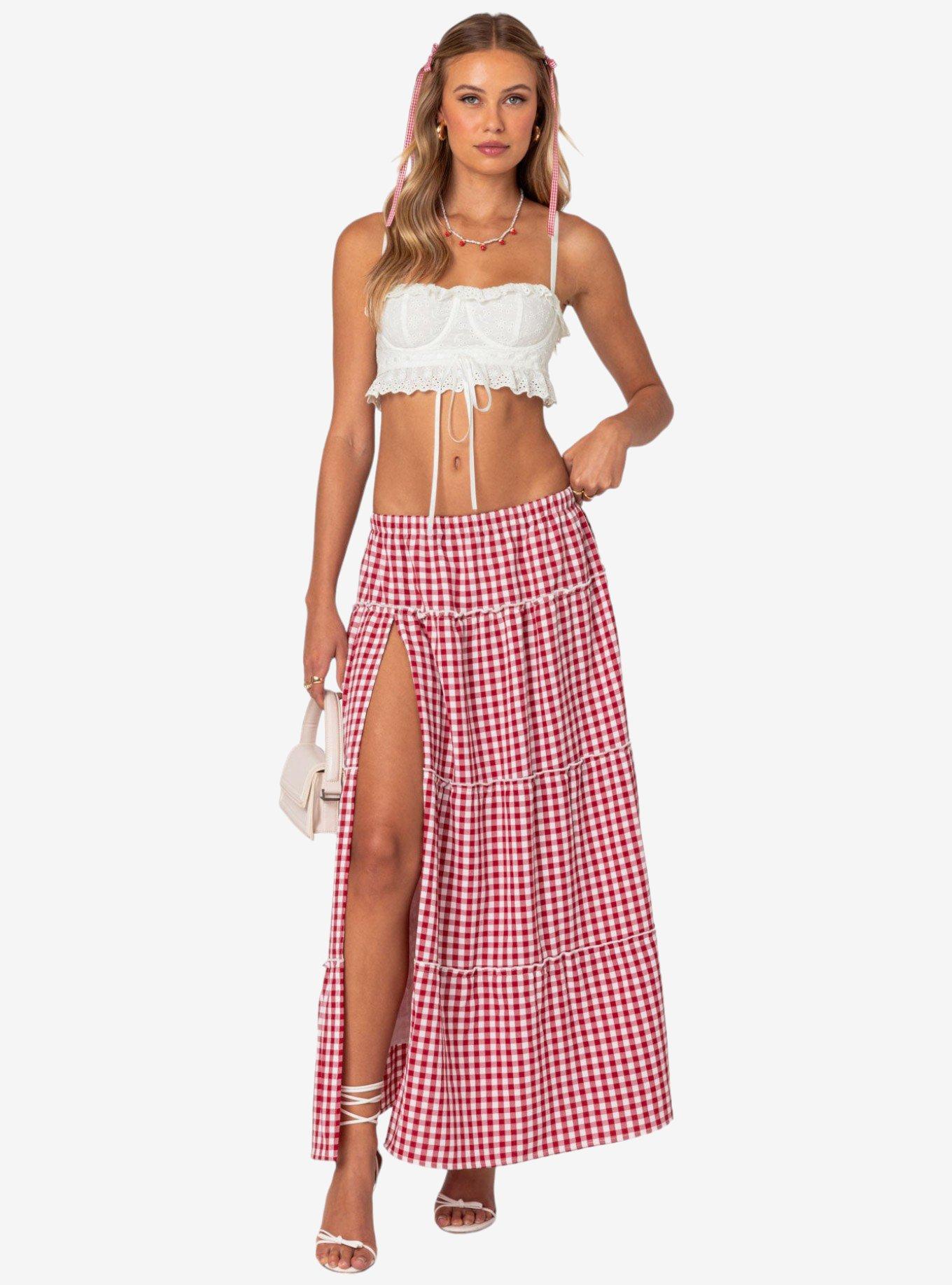 Edikted Gingham Side Slit Tiered Maxi Skirt, RED, hi-res