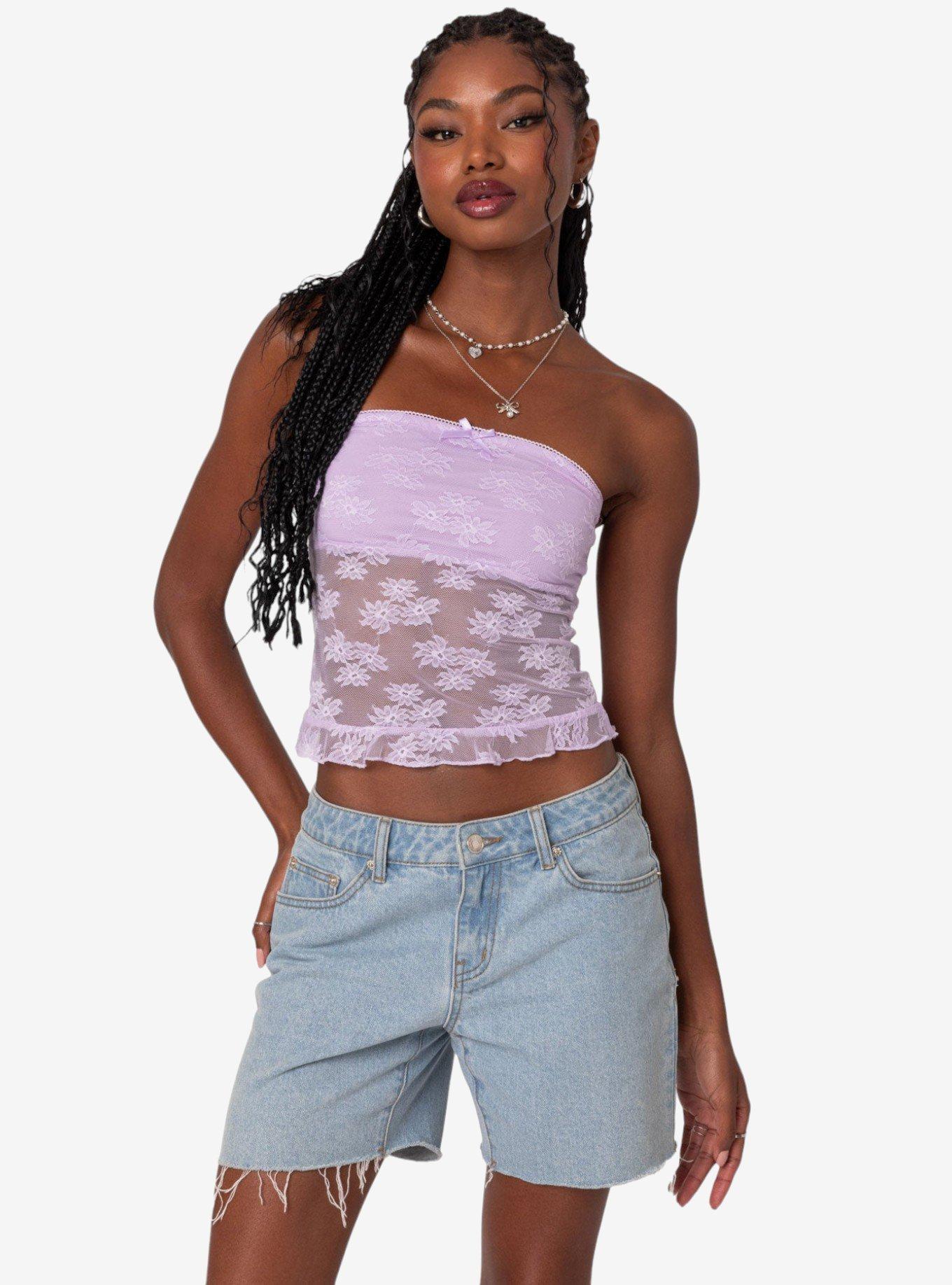 Ballet Sheer Lace Tube Top, PURPLE, hi-res view 1