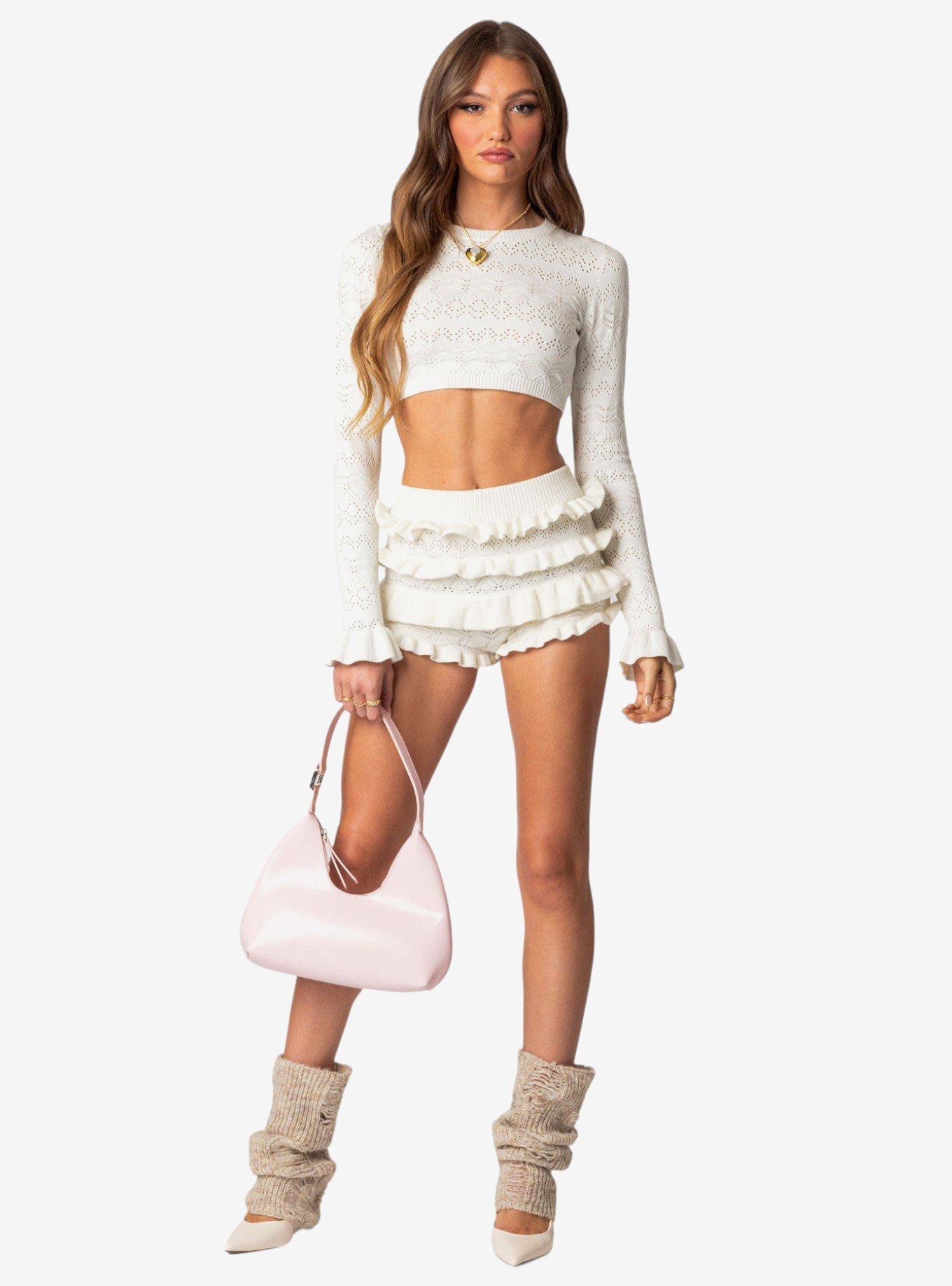 Lindsay Ruffle Knitted Shorts, IVORY, hi-res